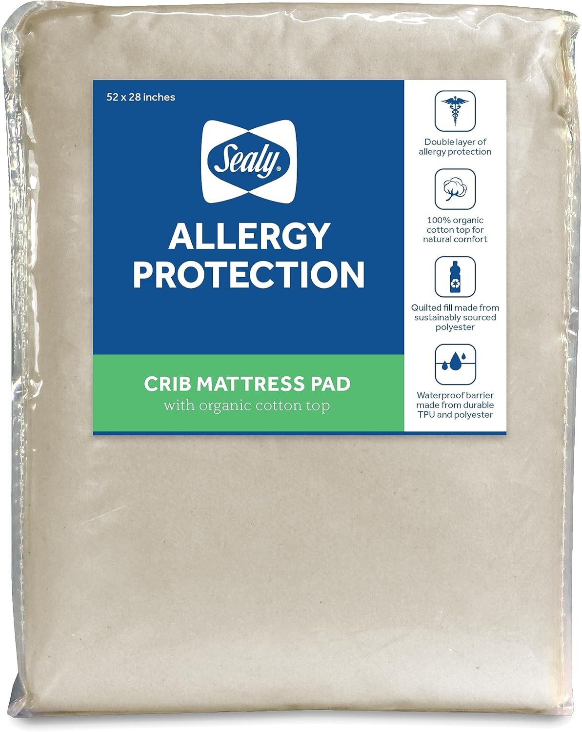 Sealy Baby Organic Cotton Top Breathable Fitted Waterproof Infant Crib Mattress Protector Pad and Toddler Bed Cover, Durable and Comfortable Topper, Machine Washable, 52” x 28”- White