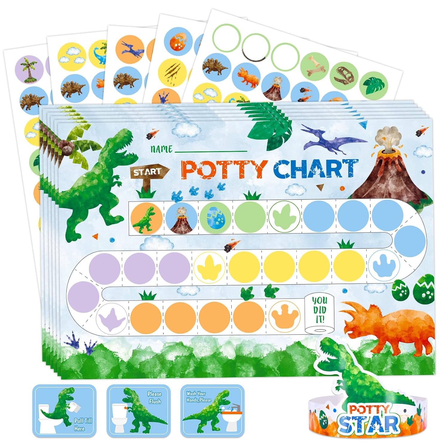 WERNNSAI Potty Training Chart – Dinosaur Toilet Training Reward Chart with 270 Potty Stickers Crown Pink Sticker for Boys Toddler Kids Ideal Gift Birthday