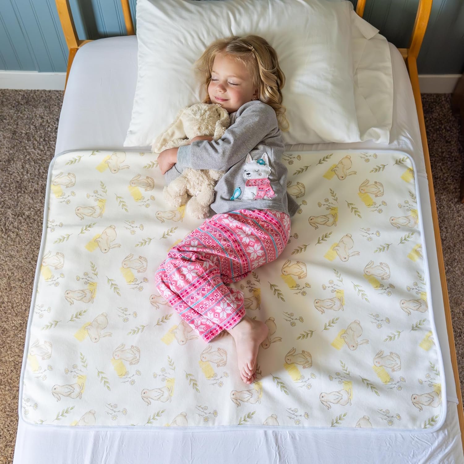 Tuckable Side Bed Wetting Pads Toddlers, Reusable Washable Waterproof Baby Potty Training Mattress Pee Pads Sheet Protector Kids, 5 Absorbent Layers Exclusive No-Slip 39″x 29″ Fits Twin Yellow Rabbit