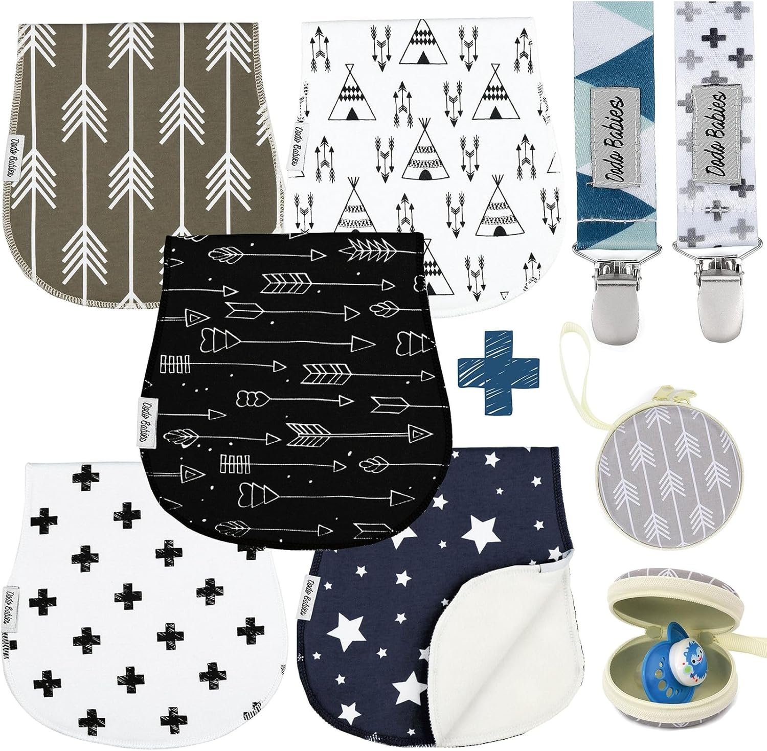 Dodo Babies 5-Pack Baby Burp Cloths – Soft Absorbent & Neutral Burp Cloths – Contoured Shoulder Fit & Baby Boy Essentials – Includes Pacifier Case & Pacifier Clip – Blue Grey Black, 2 Clips & 1 Case