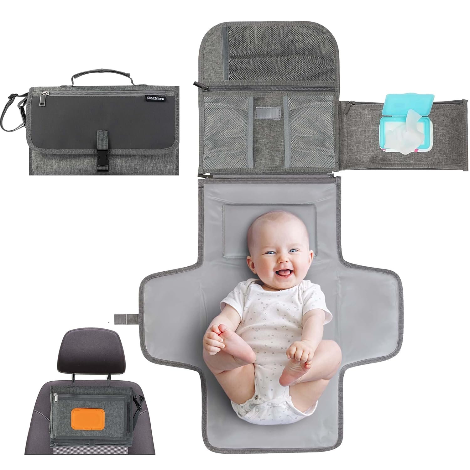 Baby Portable Diaper Changing Pad – Baby Diaper Changer Travel Bag with Wipes Pocket, Smart Design Portable Changing Mat, Infant Travel Station Kit, Gift for Newborn Girl & Boy – Grey