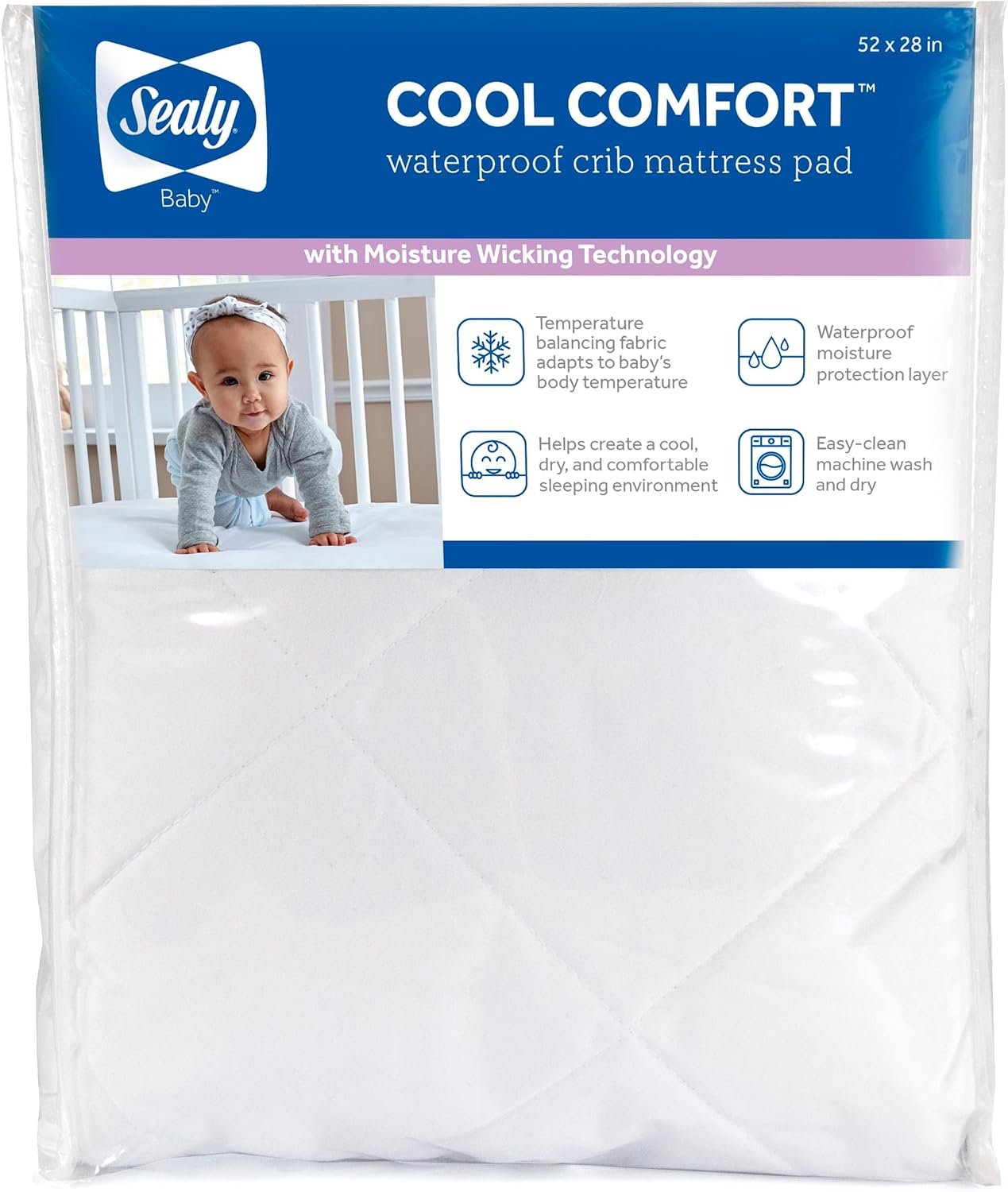 Sealy Baby Cool Comfort Cooling Breathable Waterproof Crib Mattress Protector Pad, Toddler Bed Cover, Infant and Newborn Durable Comfortable Topper, Machine Washable and Dryer Friendly, 52×28”- White