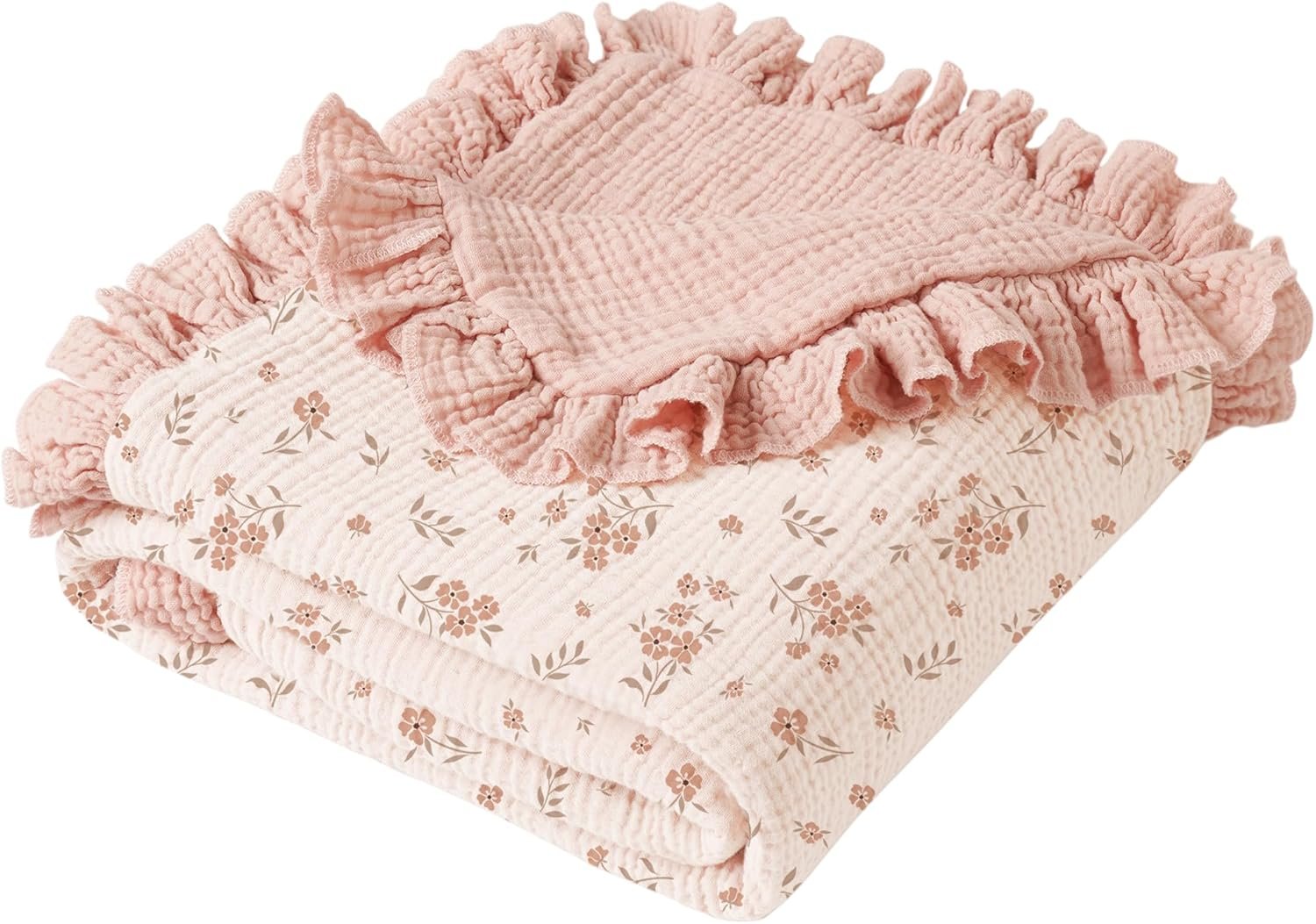 Konssy Flounce Muslin Baby Blanket for Girls Boys, 100% Cotton Soft Crib Swaddle Blankets, Reversible & Breathable Nursery Bedding for Newborns Toddlers, 43 x 39 Inches (Blossom)