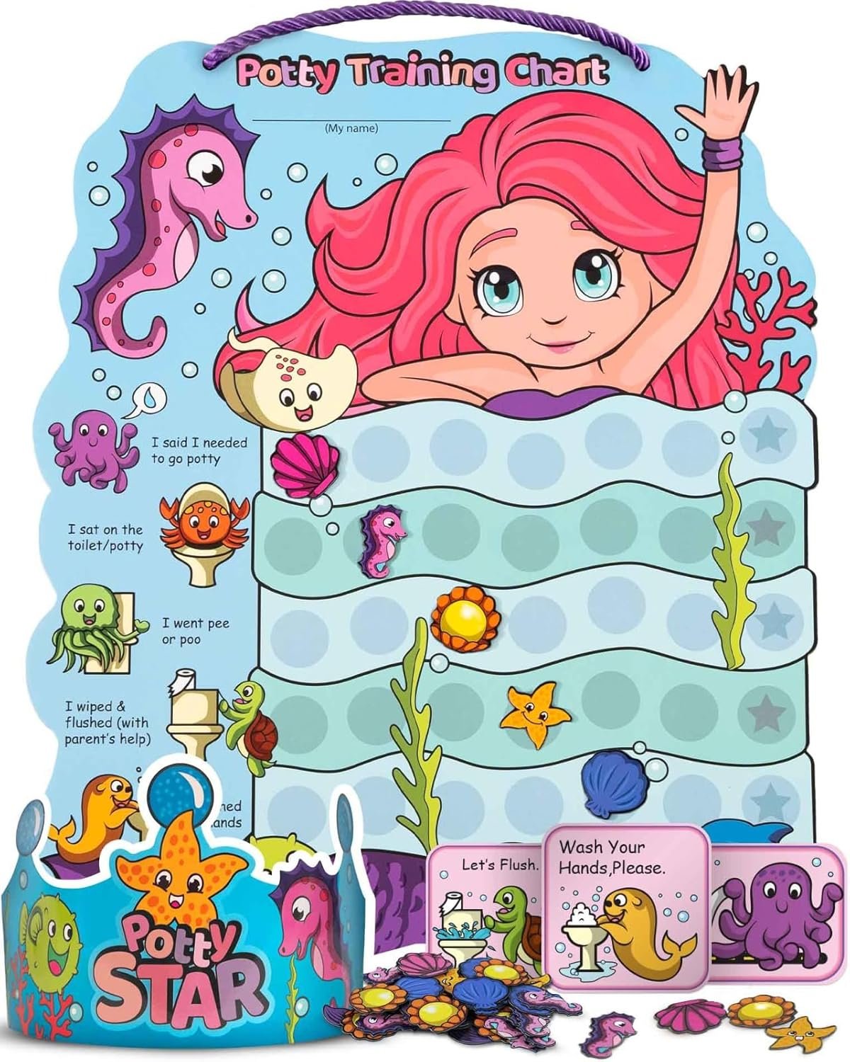 PUTSKA Potty Training Reward Chart for Girls with 35 Reusable Stickers – Potty Chart for Toddlers Girls – Reward Chart for Kids for Toilet Success – Mermaid