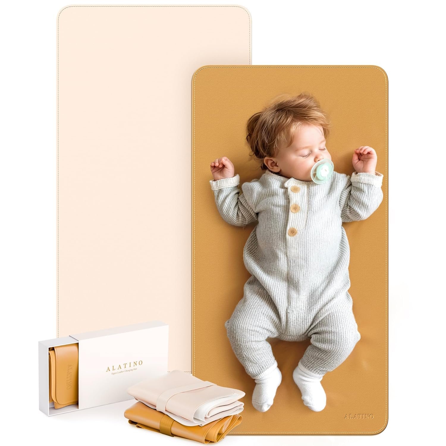 2 Pack Vegan Leather Baby Changing Mat, Large 30″ x 17″ Waterproof Foldable Diaper Mat, Wipe-Clean Portable Changing Pad for Travel, Home & Diaper Bag, Baby Shower Gifts for New Moms (Beige & Brown)