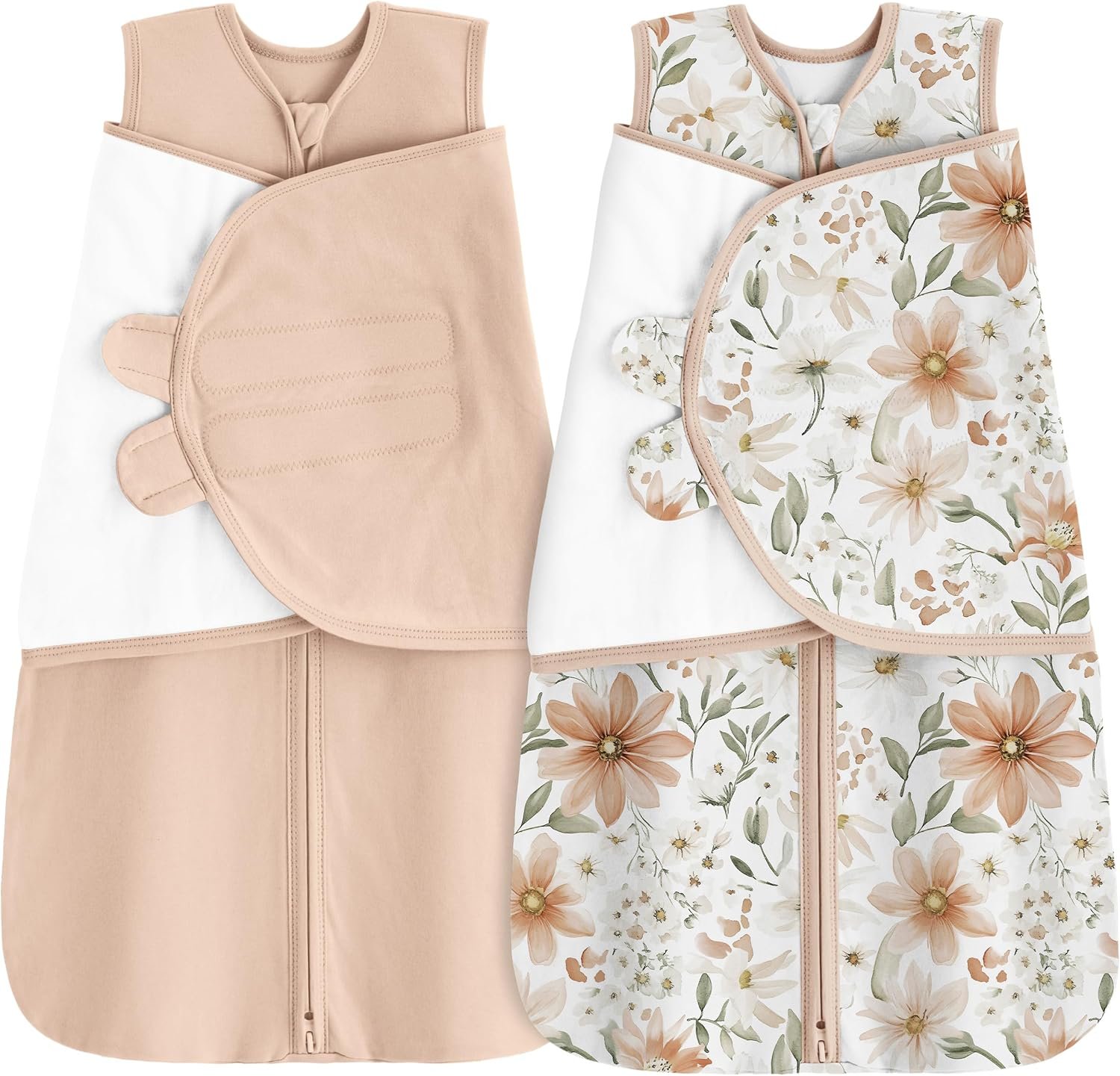 Unnivoll Newborn Sleep Sack Swaddle 100% Cotton Baby Swaddle 0-3 Months, 3-Way Adjustable Wearable Blanket, TOG 0.5, 2 Pack for Baby Boy Girl White Brown Flower