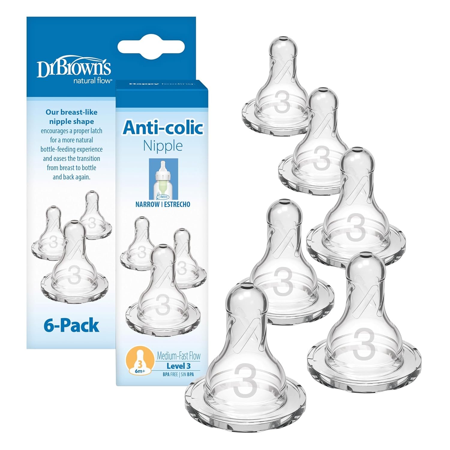 Dr. Brown’s Natural Flow Level 3 Narrow Baby Bottle Nipple, Medium-Fast Flow, 6m+, 100% Silicone, 6 Count