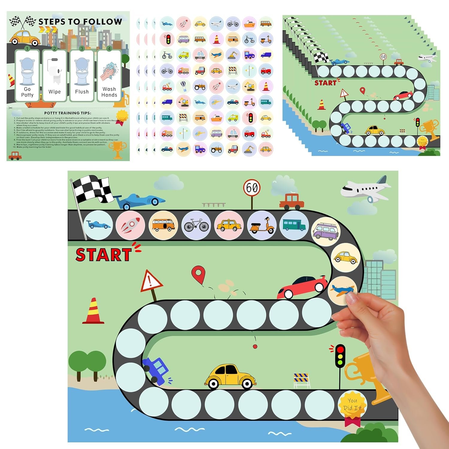 15PCS Cars Potty Training Chart – Race Car Transportation Themed Potty Training Reward Chart with Stickers for Toddlers Girls Boys, Vehicle Sticker for Kids Going Toilet Potties Trained