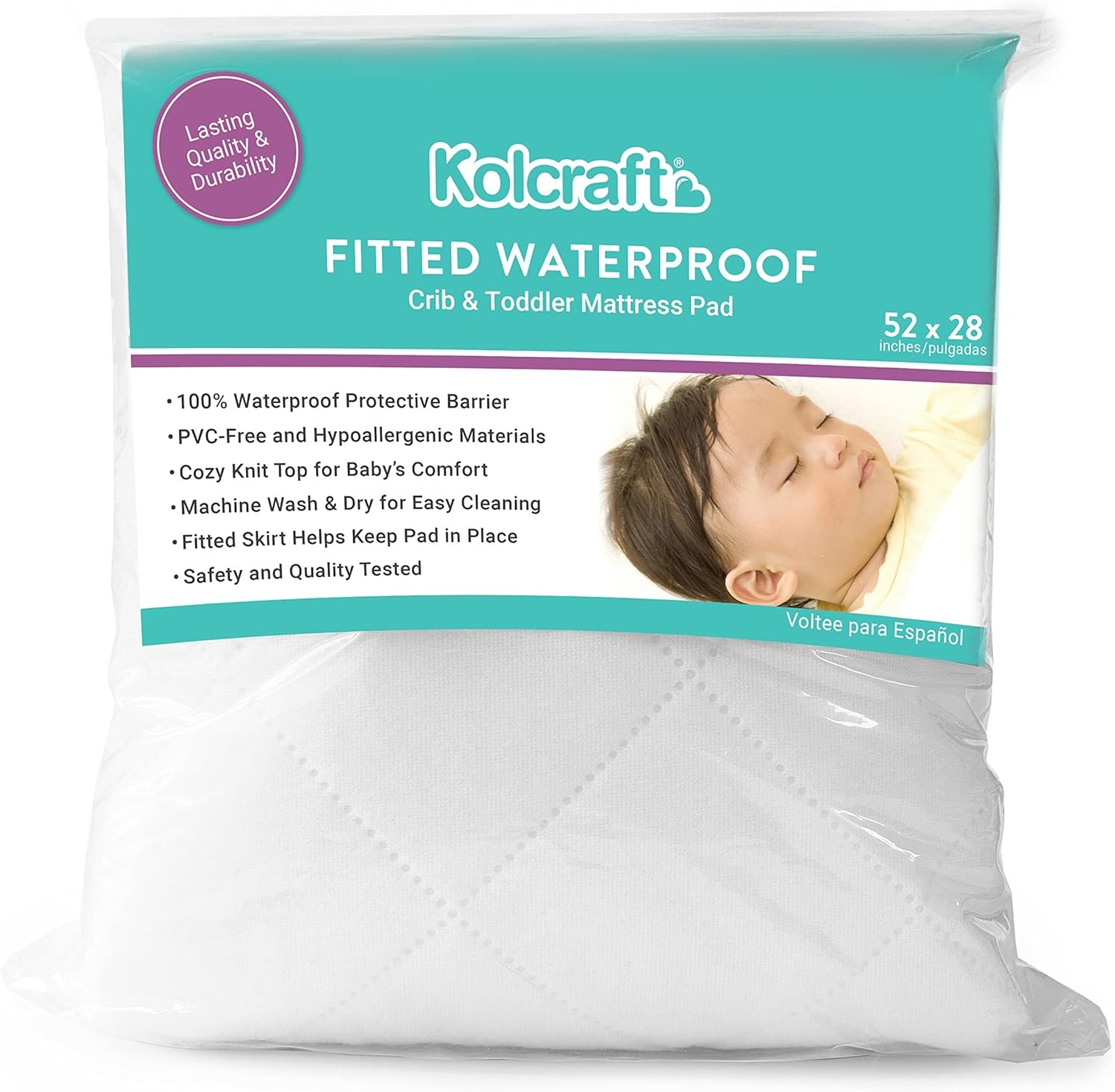 Kolcraft Fitted Waterproof Baby Infant Crib Mattress Protector Pad and Toddler Bed Cover, Durable and Comfortable Topper, Machine Washable and Dryer Friendly Bedding, 52” x 28”- White