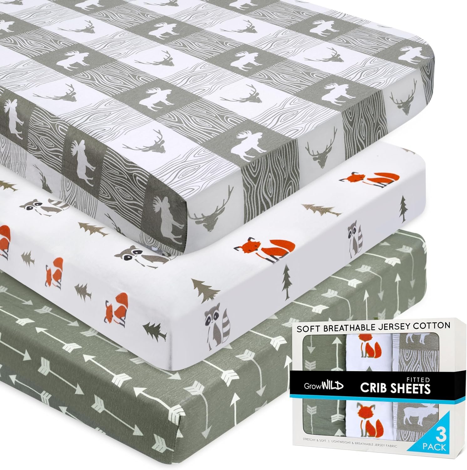 Fitted Unisex Crib Sheets (3 Pack) by GROW WILD – Jersey Knit Cotton Crib Sheets for Boys or Girls, 52” x 28” x 9” Crib Bedding Set (Forest Fun)