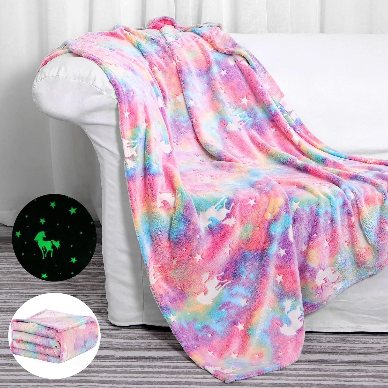 SALIMAH Glow in The Dark Blanket Unicorns Gifts for Girls, Toys for Girls Age 2 3 4 5 6 7 8 9 10 Year Old, Soft Kids Blankets Gifts for Grandkids Teens for Easter Birthday Christmas, 50″x60″