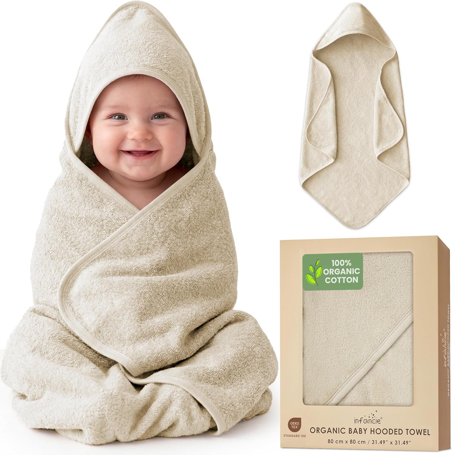 100% Organic Cotton Plush Woven Hooded Baby Bath Towels – Soft and Absorbent 31×31 Inches for Newborns and Kids, Hooded Baby Towels, Premium Infant Towels (Ivory)