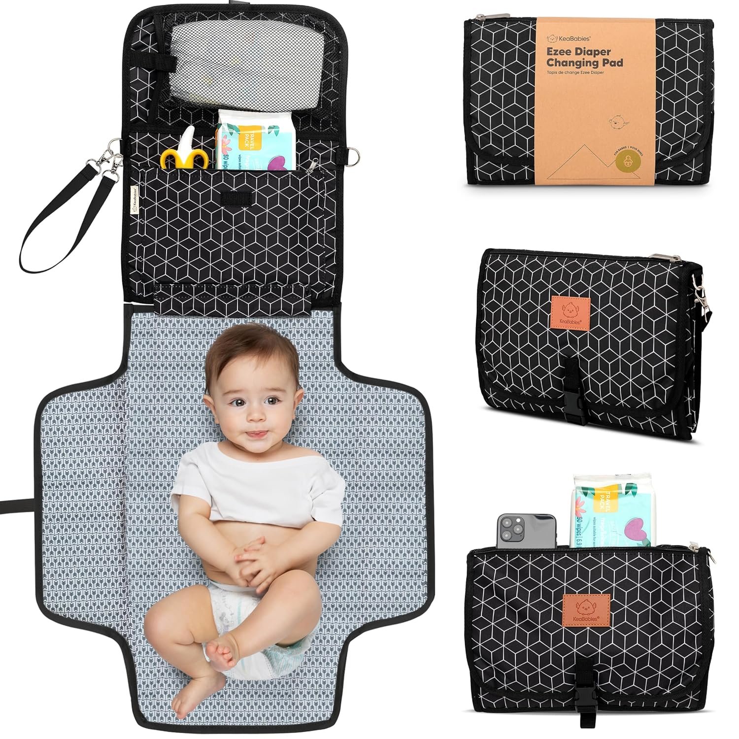 KeaBabies Portable Diaper Changing Pad, Travel, Car – Large Waterproof Baby Changing Mat, Wipeable, Padded, On The Go Travel Diaper Clutch Bag, Easy to Use Pockets for Newborn Essentials (Black Geo)