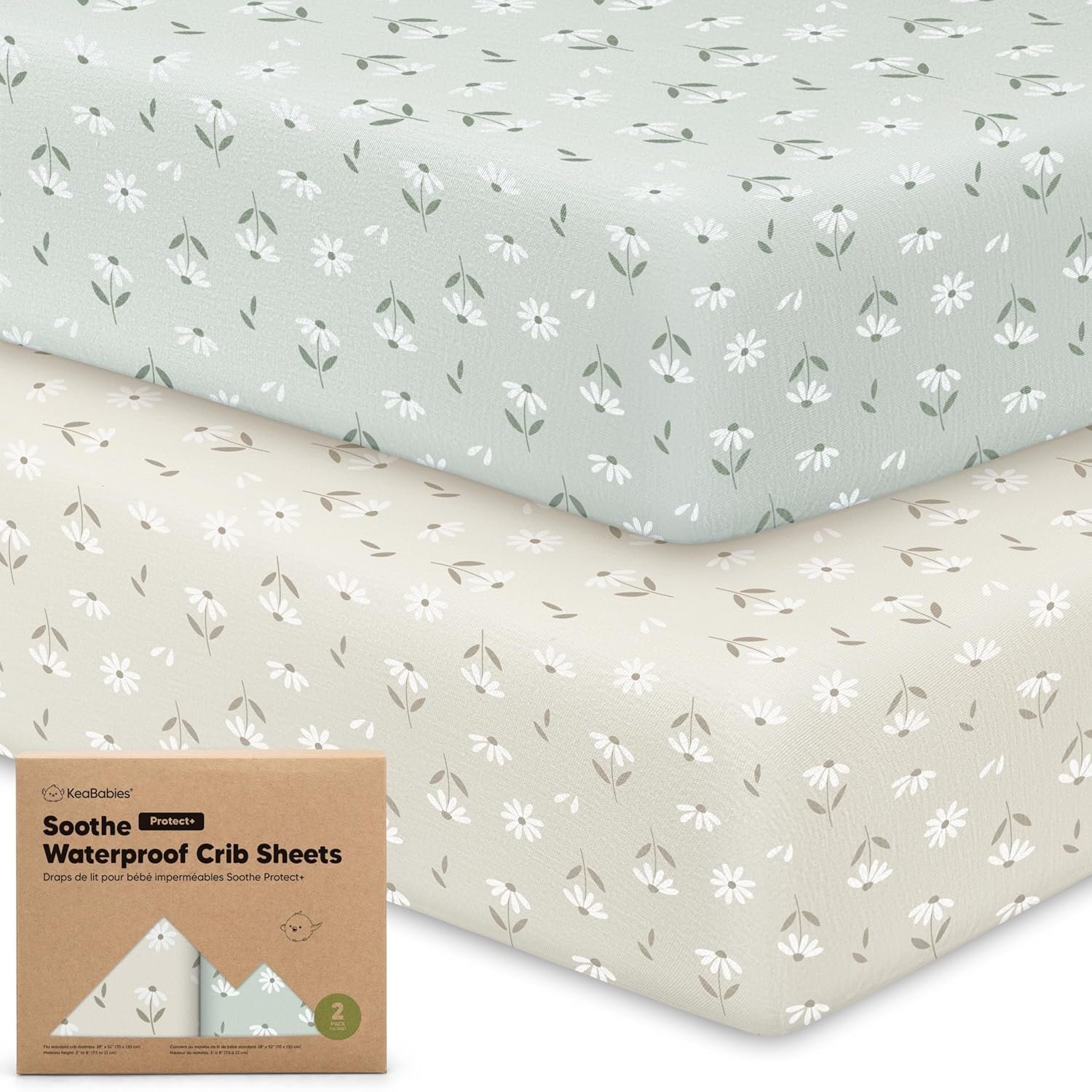 2-Pack Waterproof Crib Sheets for Boys, Girls – 52×28 Fitted Organic Cotton Baby Crib Sheets, Toddler Mattress Protector Cover, Washable, Soft & Durable Baby Bedding Essentials (Daisies)