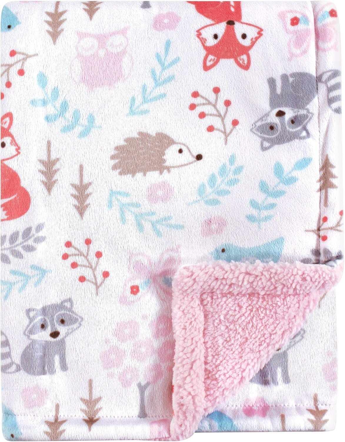 Hudson Baby Unisex Baby Plush Mink and Sherpa Blanket, Girl Woodland, One Size