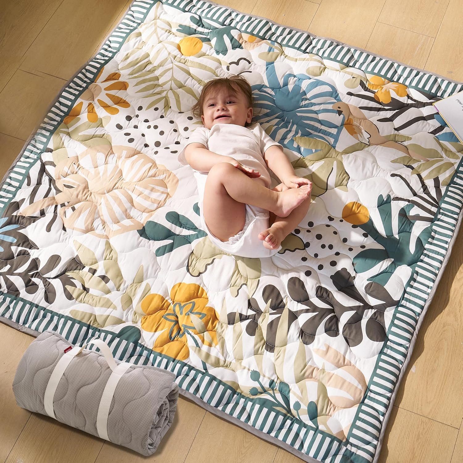 Momcozy Baby Play Mat for Floor, 50″x50″ Thickened Playpen Mat, Playmate for Baby Tummy Time, Waterproof & Non-Slip, Foldable Outdoor Mat with Carrying Handle, Forest World