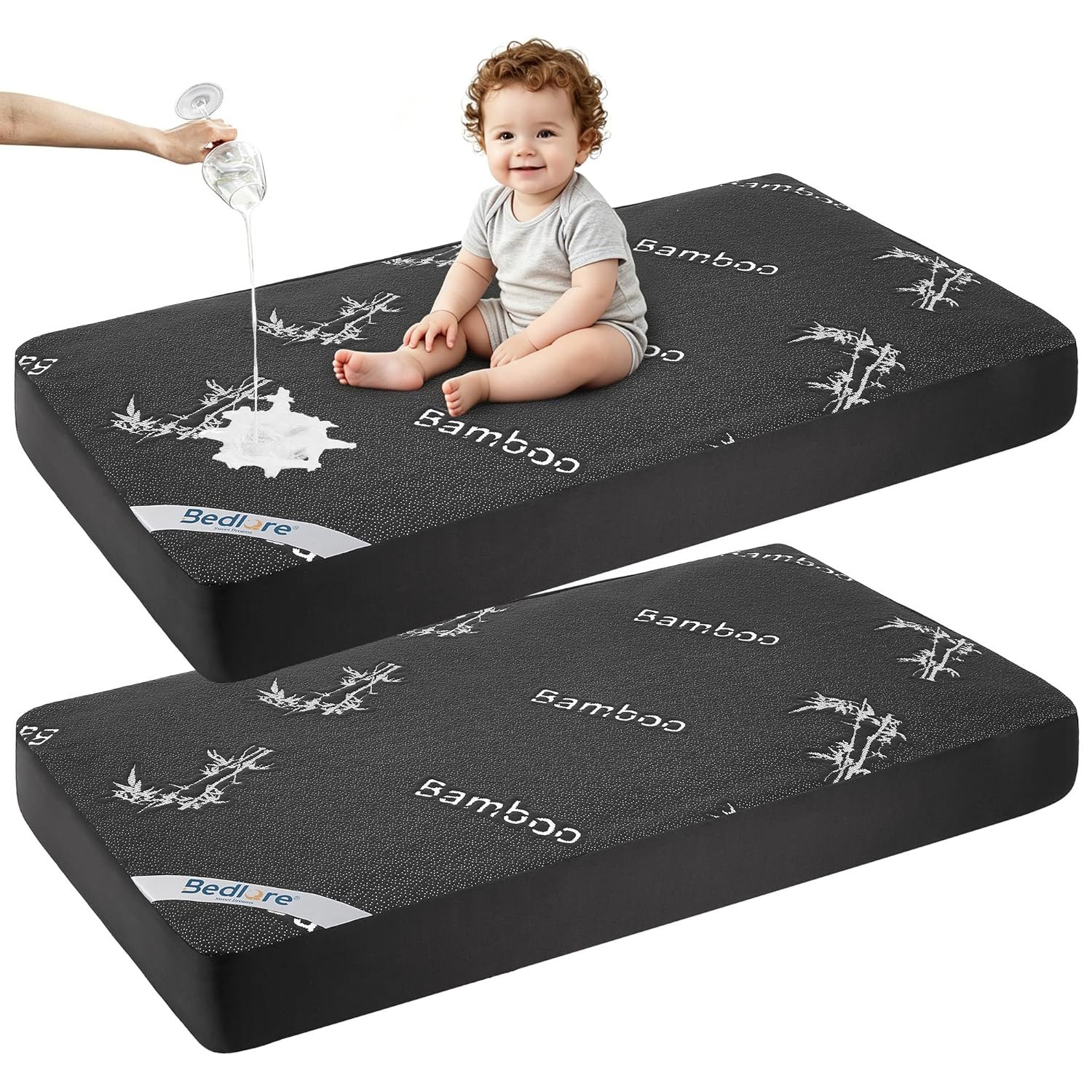 BEDLORE Waterproof Crib Mattress Protector 2 Pack, Ultra Soft Bamboo Viscose Crib Mattress Pad Cover, Noiseless Toddler Mattress Protector for Standard Baby Mattress Size 52”x28”, Dark Gray