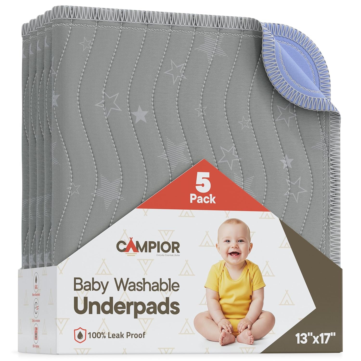 Washable Underpads Small 17″x13″ (Pack of 5) – Reusable Waterproof Bed Pad for Babies & Kids, Extra Absorbent Bedwetting Protection, Soft Non-Slip TPU Backing, Machine Washable, Grey