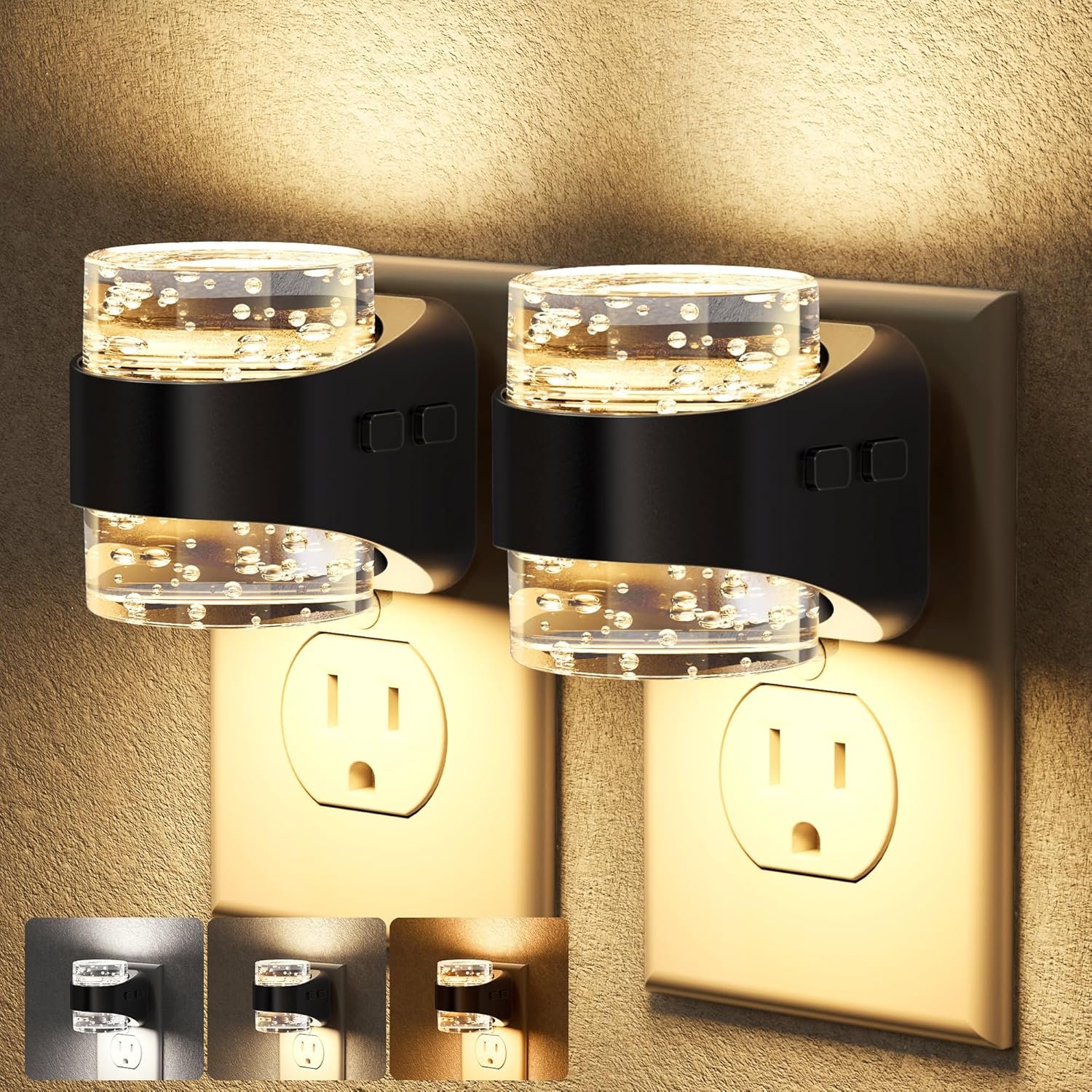 Briignite LED Night Lights Plug into Wall[2 Pack] Dimmable Night Light with Bubble Design 3000K/4000K/5000K & 3 Brightness Levels for Bathroom Baby Nursery Hallway Kids Room Decor, 3CCT
