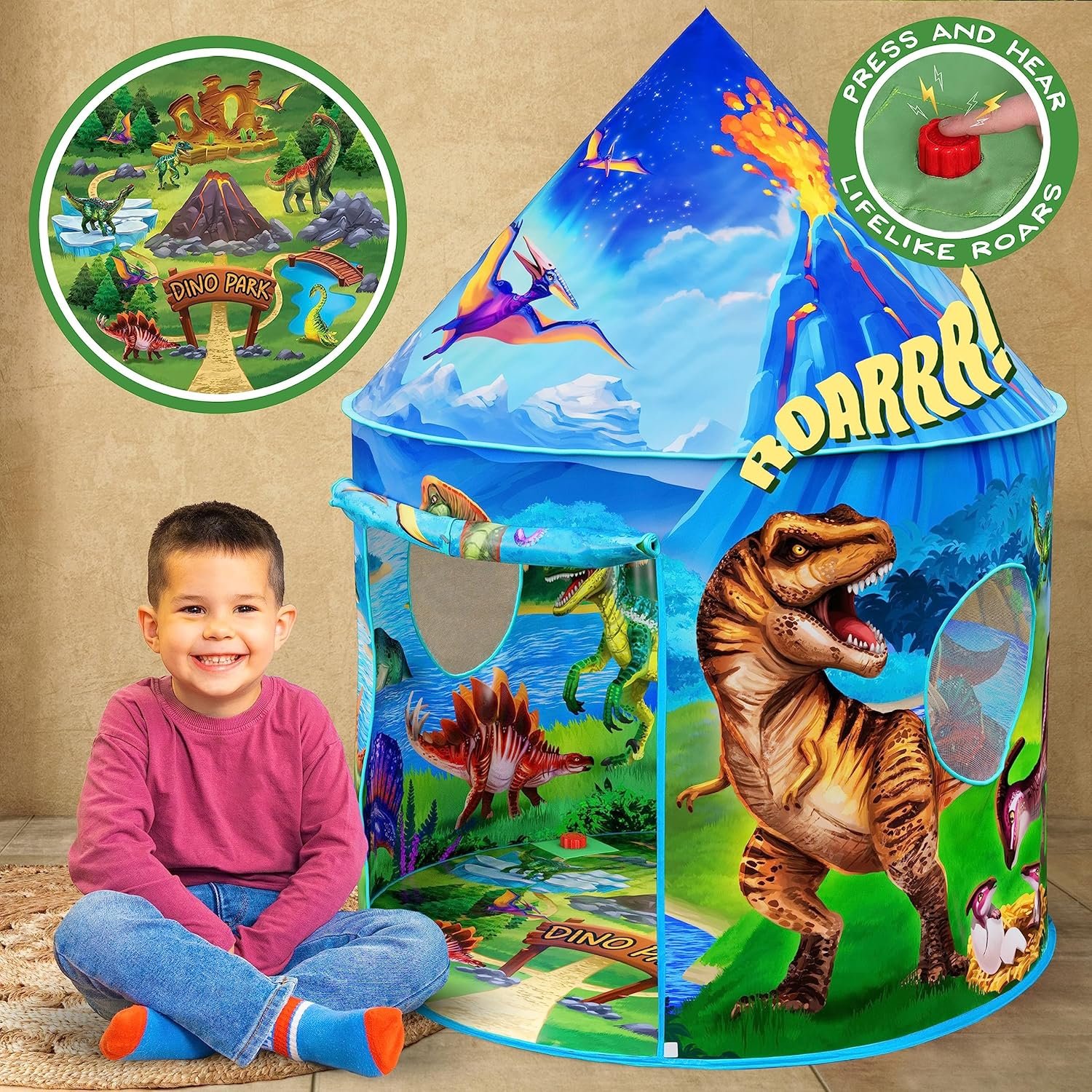 W&O Dino Paradise Play Tent with Roar Button – Epic Pop Up Tent for Boys & Girls – Perfect for Indoor & Outdoor Adventures