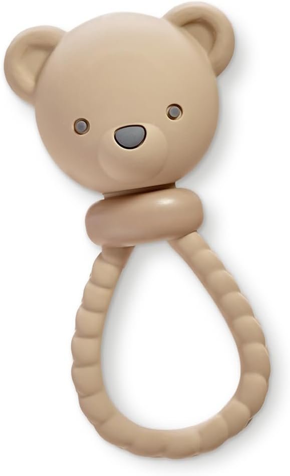 Itzy Ritzy Silicone Rattle Toy – Soothing Teething Toy with Soft Jingle Sound & Easy-Grip Textured Handle – for Ages 3 Months and Up (Bear)