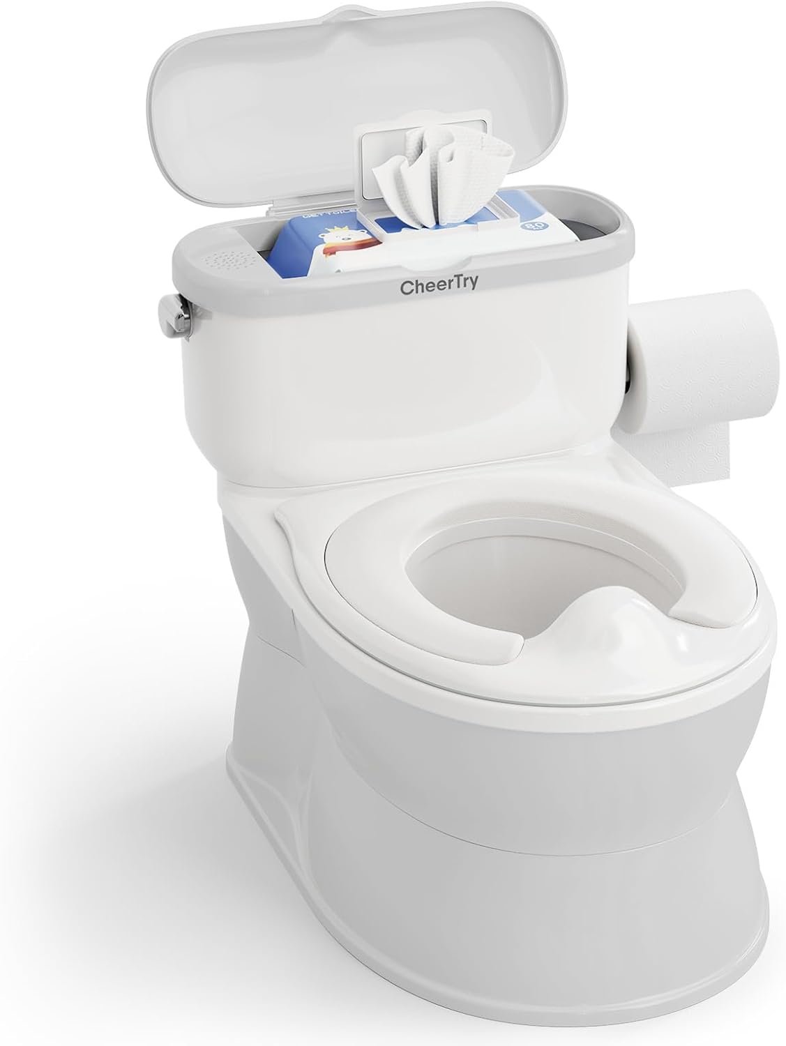 CheerTry 2-in-1 Toddler Potty Training Toilet – with Detachable Training Seat, Realistic Flushing Sound for Boys & Girls Ages 1-3 with Wipes Storage, Toilet Paper Holder