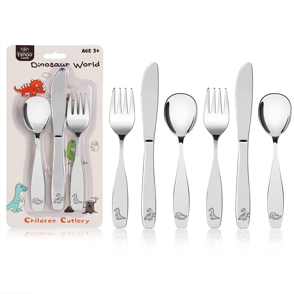 Lehoo Castle Kids Silverware Stainless Steel 6-Piece – Toddler Spoons and Forks Knife Set, Toddler Utensils for 3 Year Old, Child-Safe Flatware for Self Feeding (Dinosaur)