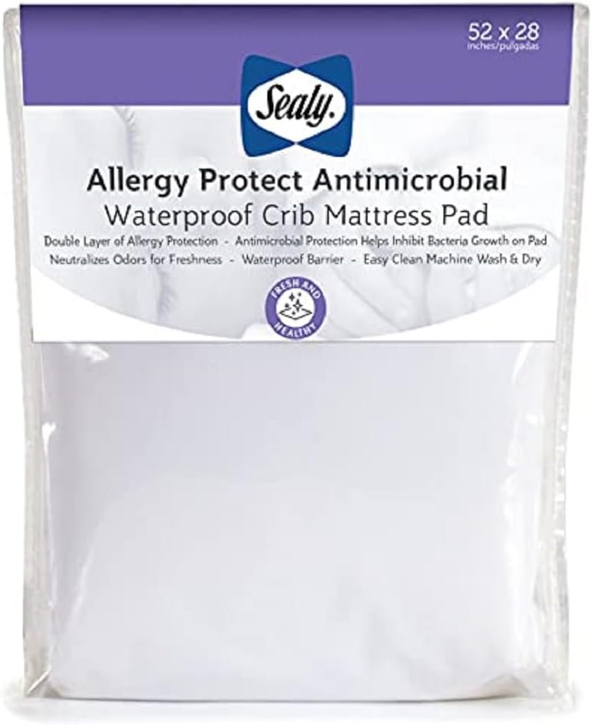 Sealy Baby Allergy Protect Antimicrobial Crib Mattress Protector Pad, Fitted Toddler Bed Cover, Protective Sheet for Boys & Girls Bedding, Waterproof, Machine Washable / Dryer Friendly, 52×28″ – White