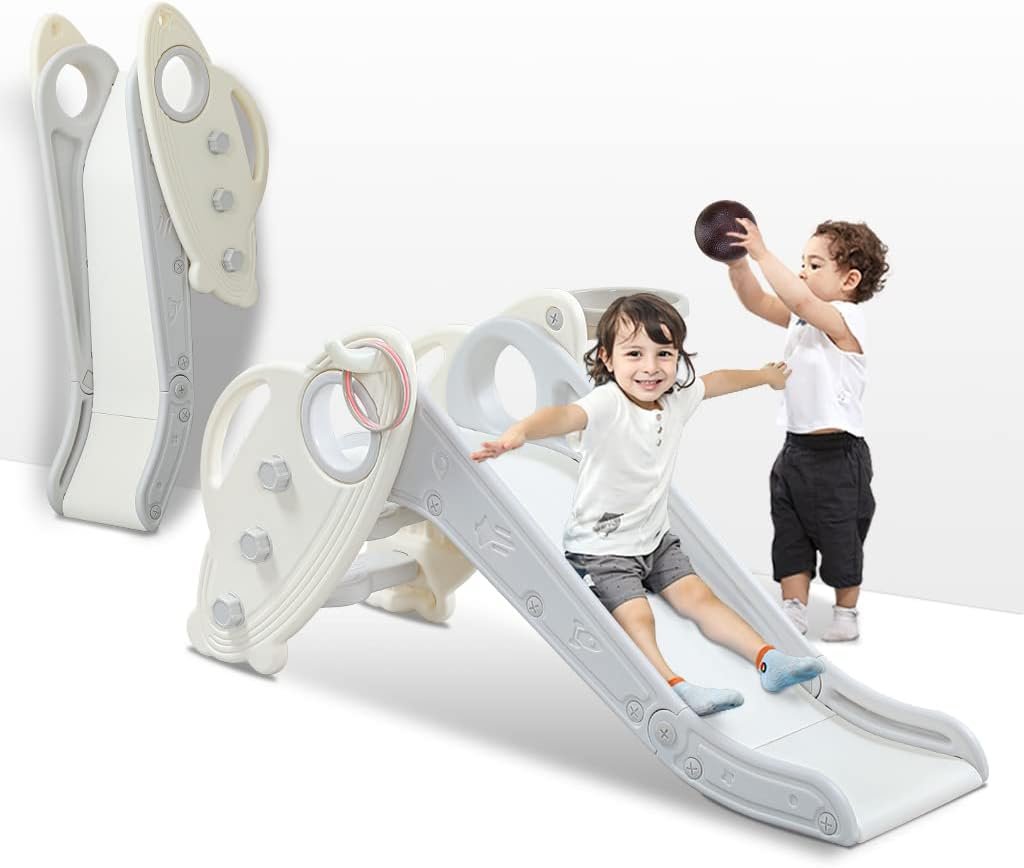 Onasti Kids Slide for Toddlers Age 1-3 Indoor Baby Plastic Slide Outdoor Climber Freestanding Playset with Basketball Hoop & Ring Game Grey