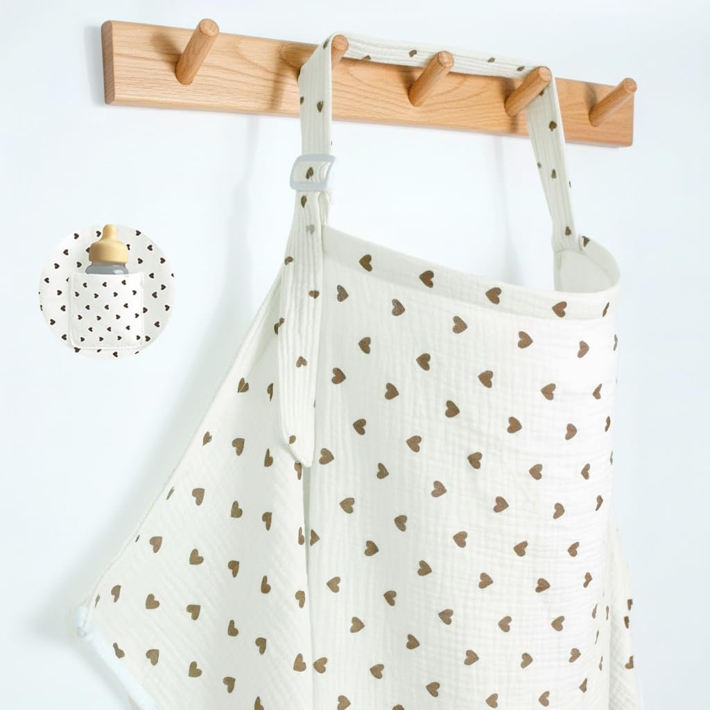 Muslin Nursing Covers for Breastfeeding, Arch Neckline Breast Feeding Covers for Women, Moms Privacy Breathable Summer Nursing Apron, Enlarged Soft Feeding Cover (Beige Khaki Heart)