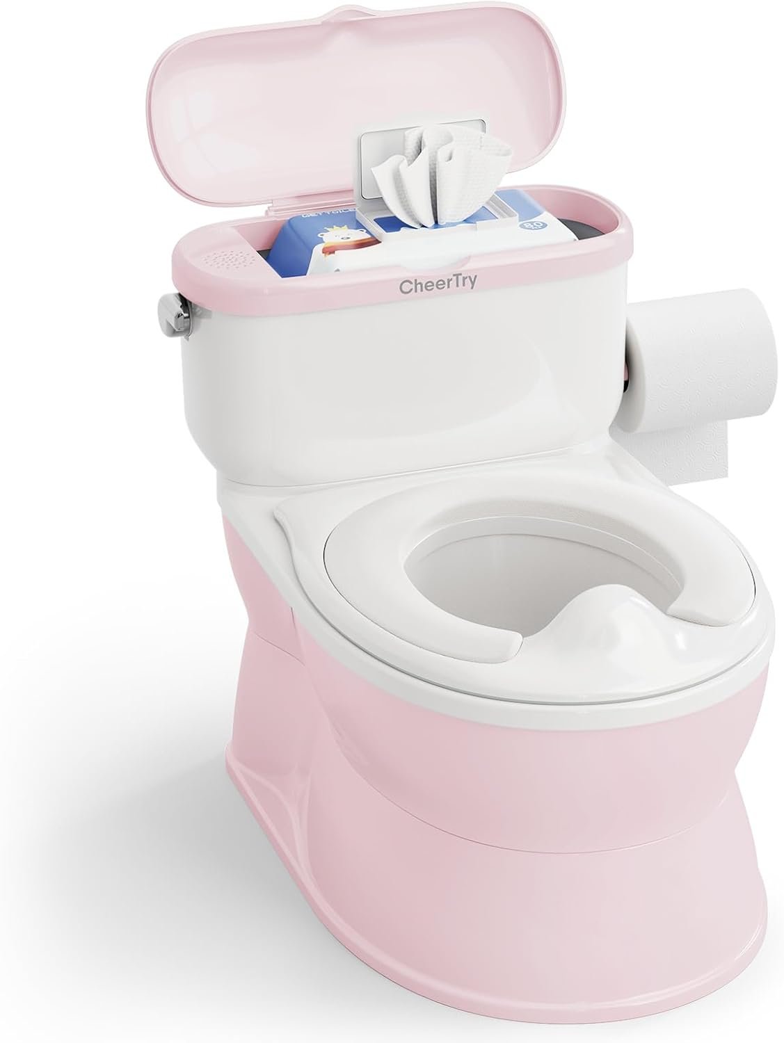 CheerTry 2-in-1 Toddler Potty Training Toilet – with Detachable Training Seat, Realistic Flushing Sound for Boys & Girls Ages 1-3 with Wipes Storage, Toilet Paper Holder
