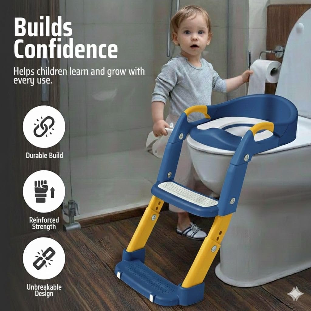 3-in-1 Toddler Potty Training Toilet Seat with Foldable Ladder – Adjustable Toddler Toilet Seat for Boys & Girls with Soft Cushion, Ergonomic Backrest, Non-Slip Pedal and Safety Grips (Blue & Yellow)