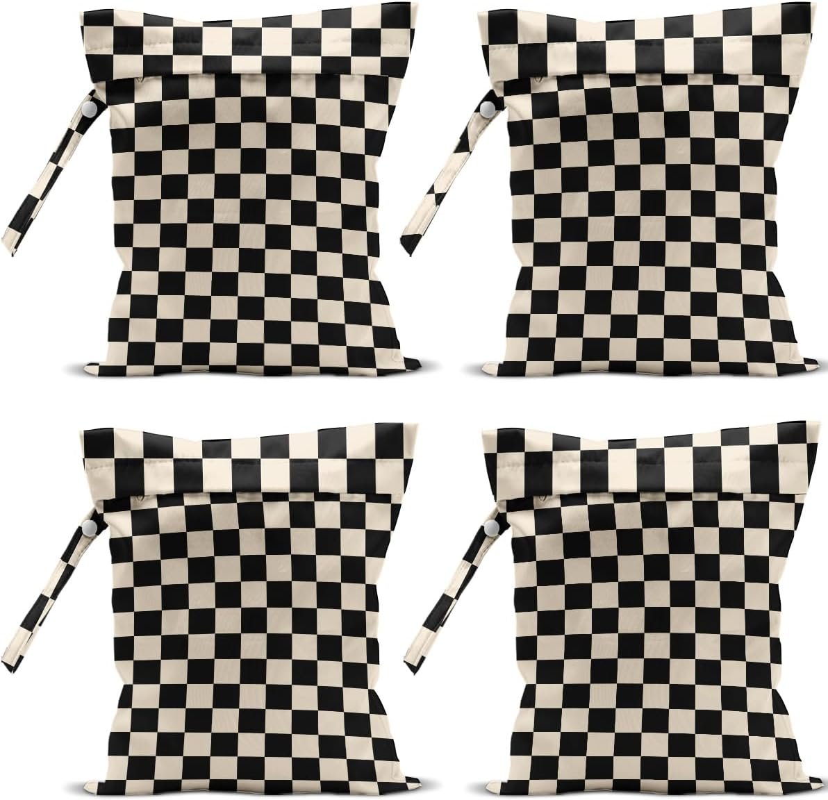 4 Pack Cute Wet Bag Waterproof Washable Reusable Wet Dry Bag for Swimsuit Clothes Cloth Diaper Travel Beach Pool Yoga Gym Halloween Party Camping Toiletries Travel Beach Essentials, Black Checkered