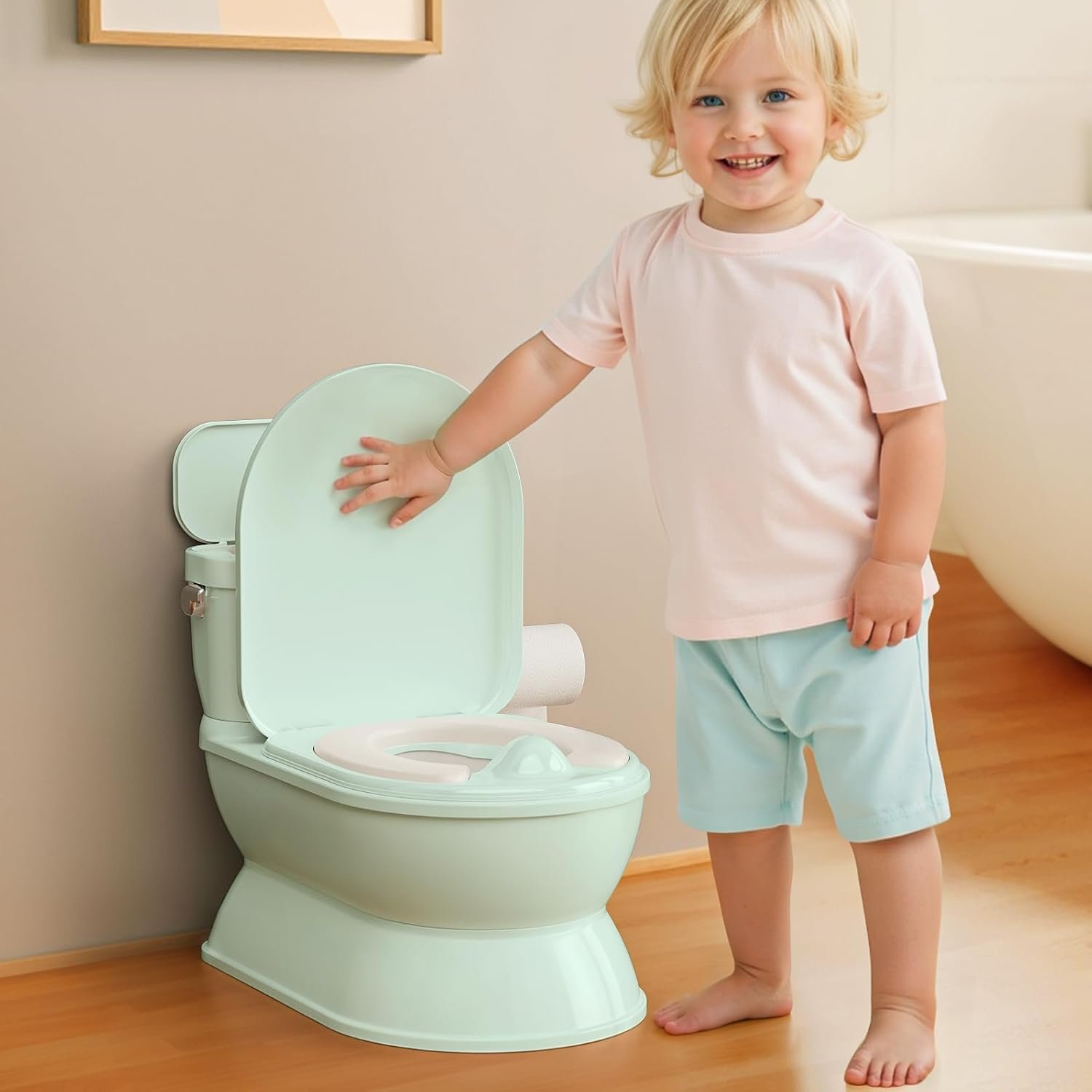 CheerTry 2-in-1 Toddler Potty Training Toilet – Larger Potty Chair & Detachable Training Seat for Boys & Girls Ages 1-3 with Flushing Sound, Wipes Storage, Toilet Paper Holder