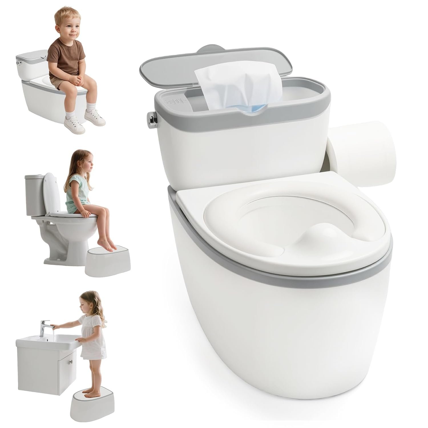 TOSGN 3-in-1 Toddler Potty Training Toilet, for Ages 6 Months+, Realistic Potty Training Seat with Flushing Sound, Wipes Storage, Toilet Paper Holder