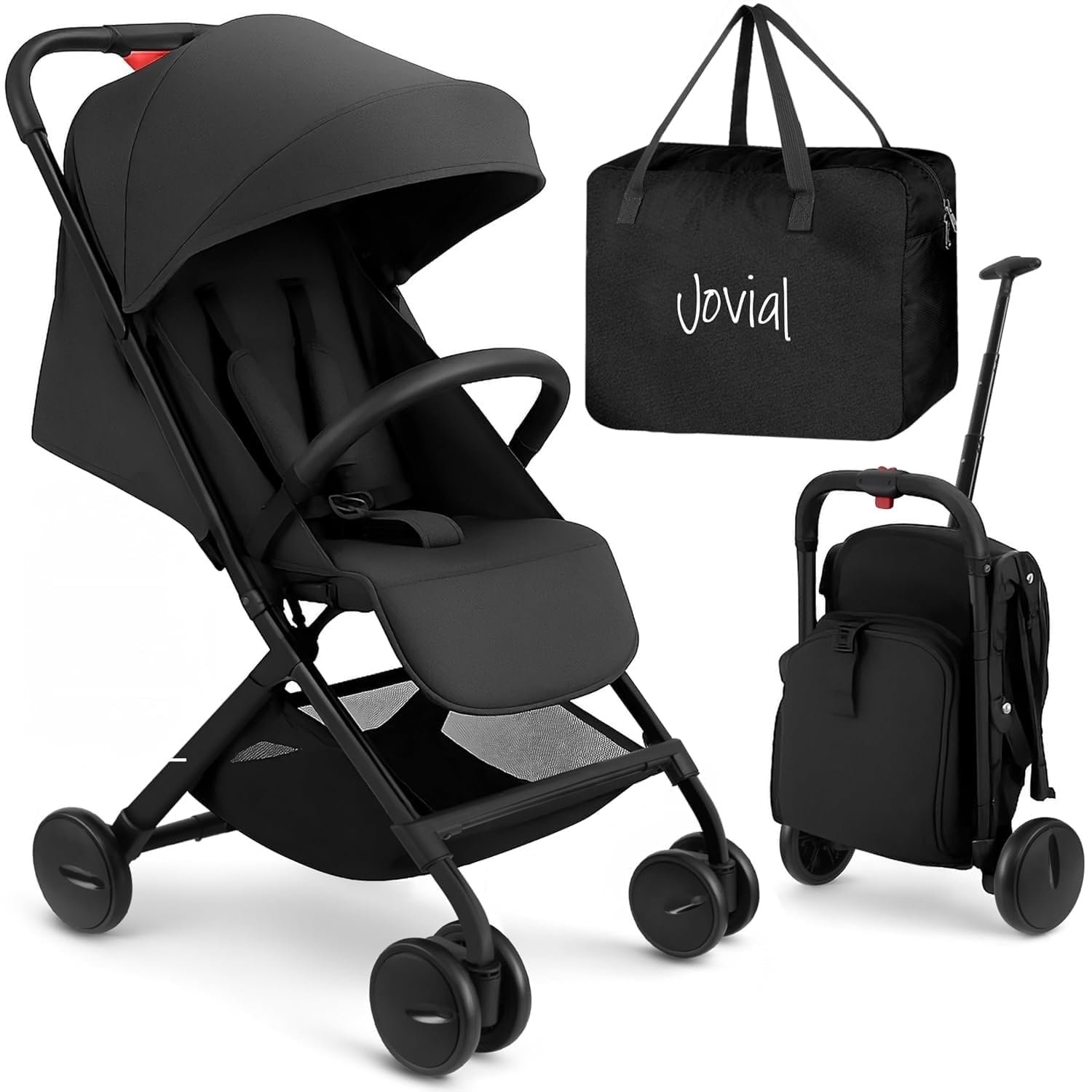 Jovial Lightweight Baby Stroller, Folding Travel Stroller with Reclining Seat, Canopy, 5-Point Safety Harness, Storage Basket, Smooth Wheels, Compact Portable Design (39.8″ x 18.7″ x 32.3″)