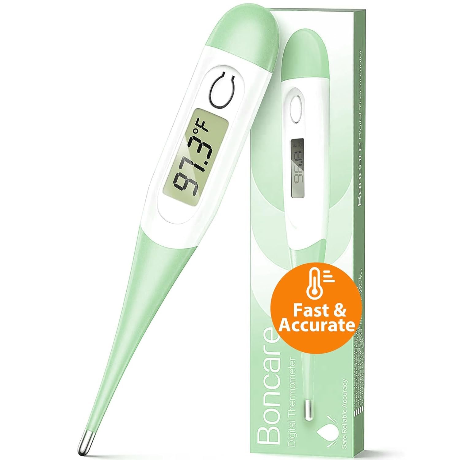 Boncare 10 Seconds Digital Thermometer for Adults and Kids – Accurate & Safe Rectal Thermometer for Baby with Fever Alarm, Oral Thermometer (Light Green)