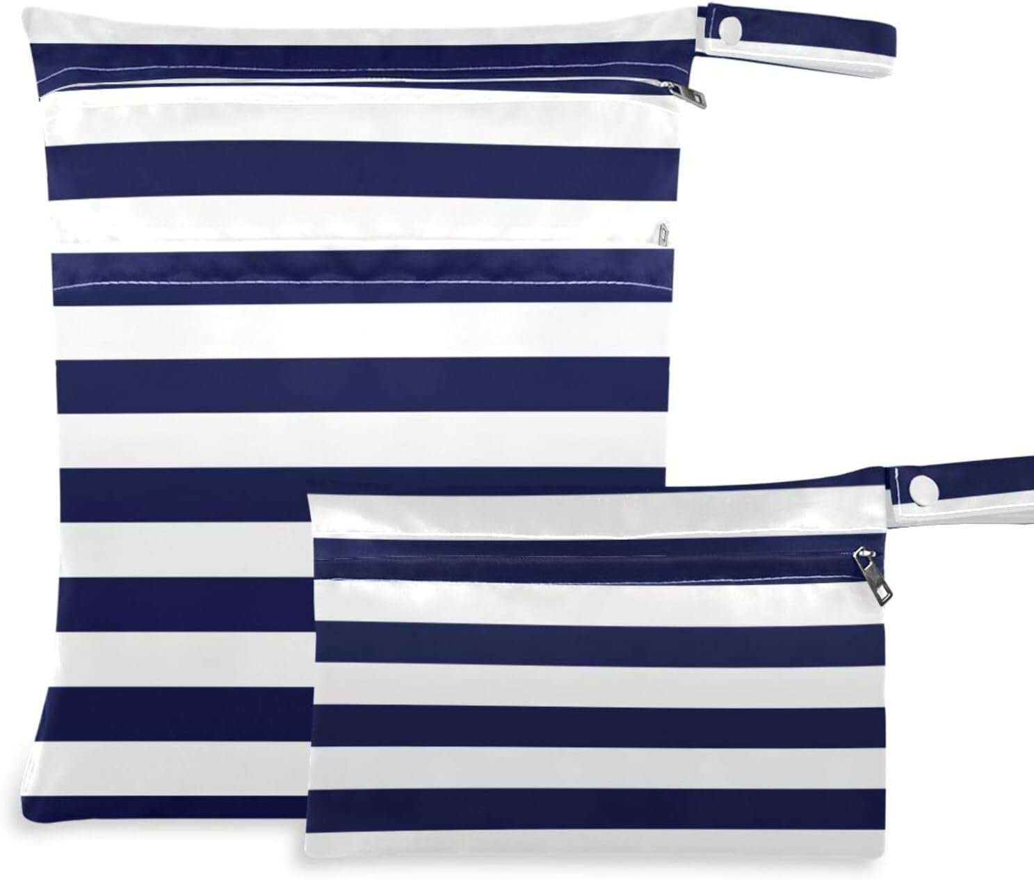 Kigai Navy Blue Stripes Wet Dry Bags 2 Pack, Waterproof Reusable Baby Cloth Diaper Wet Dry Bag with Zipper Pocket for Travel, Beach, Stroller, Gym Dirty Clothes, Wet Swimsuits