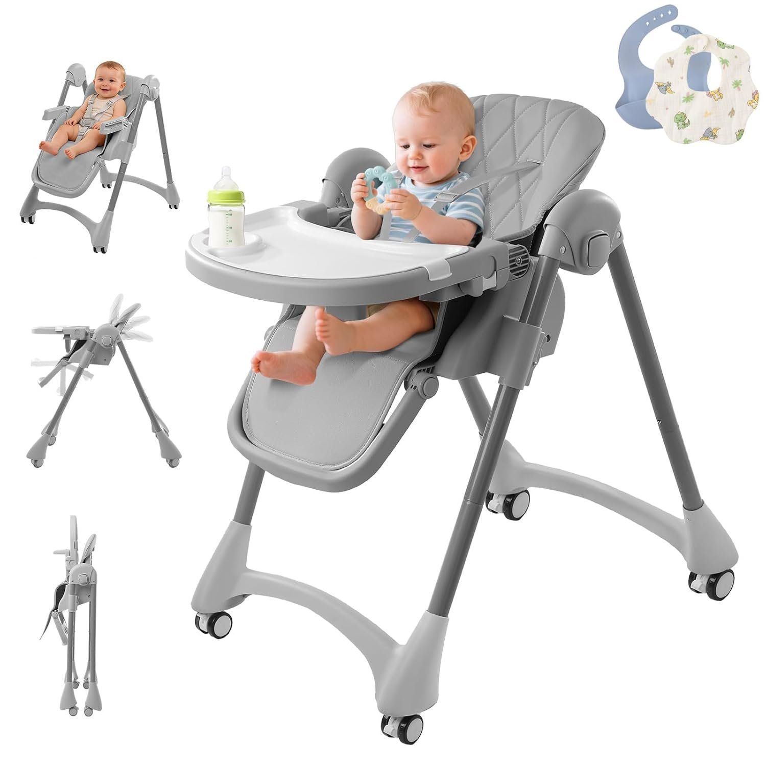 High Chairs for Babies and Toddlers, Foldable Baby High Chair with Removable Tray, Adjustable Backrest and Height, 6 in 1 High Chair with Lockable Wheels for Eating, Include 2 Bibs, Tool-Free Assembly