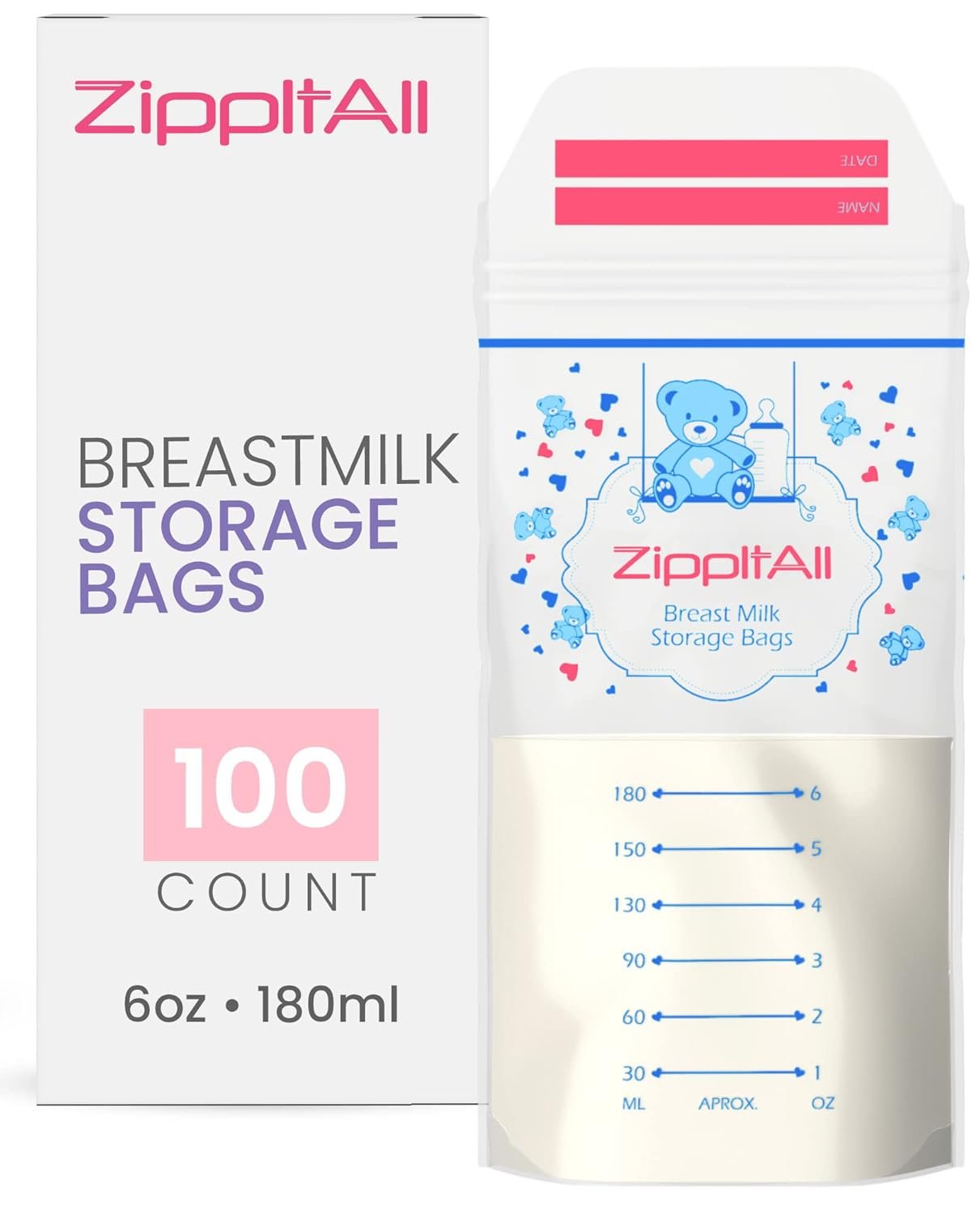 DiRose Breastmilk Storage Bags -6 oz 100 Count Double Zipper Leak Proof Capacity Extra Thick and Seal BPA/BPS Free/Disposable Pouches | Self-Standing Bag for Long and Safe Storing