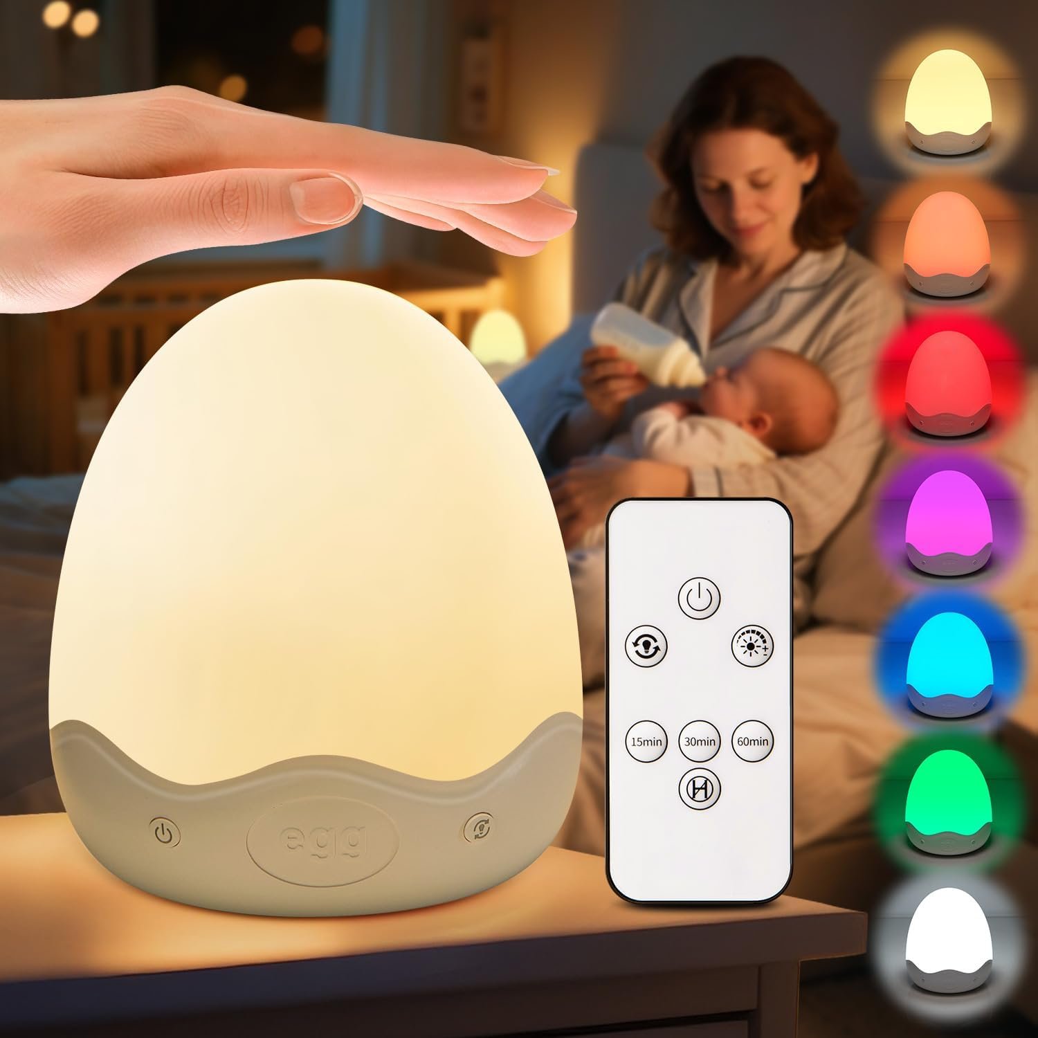 Baby Night Light for Kids,10 Brightness+10 Colors Egg Light for Nursery,Touch+Remote+3600mAh Rechargeable Egg Night Light for Baby Nursery,Warm Light for Breastfeeding 1h Timer&Portable,Newborn Gifts