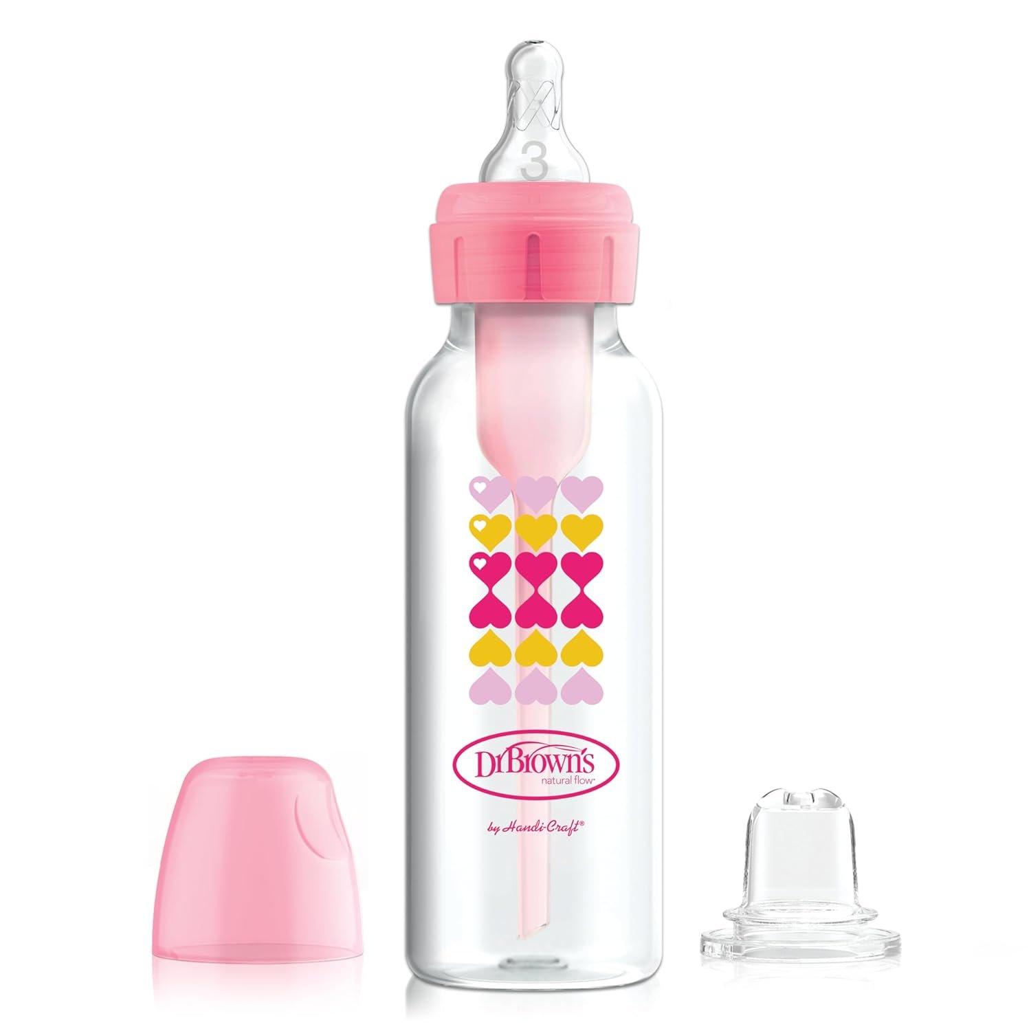 Dr. Brown’s Anti-Colic Options+ Narrow Sippy Bottle Starter Kit, 8oz/250mL, with Level 3 Medium-Fast Flow Nipple and Soft 100% Silicone Sippy Spout, Pink, BPA Free, 6m+