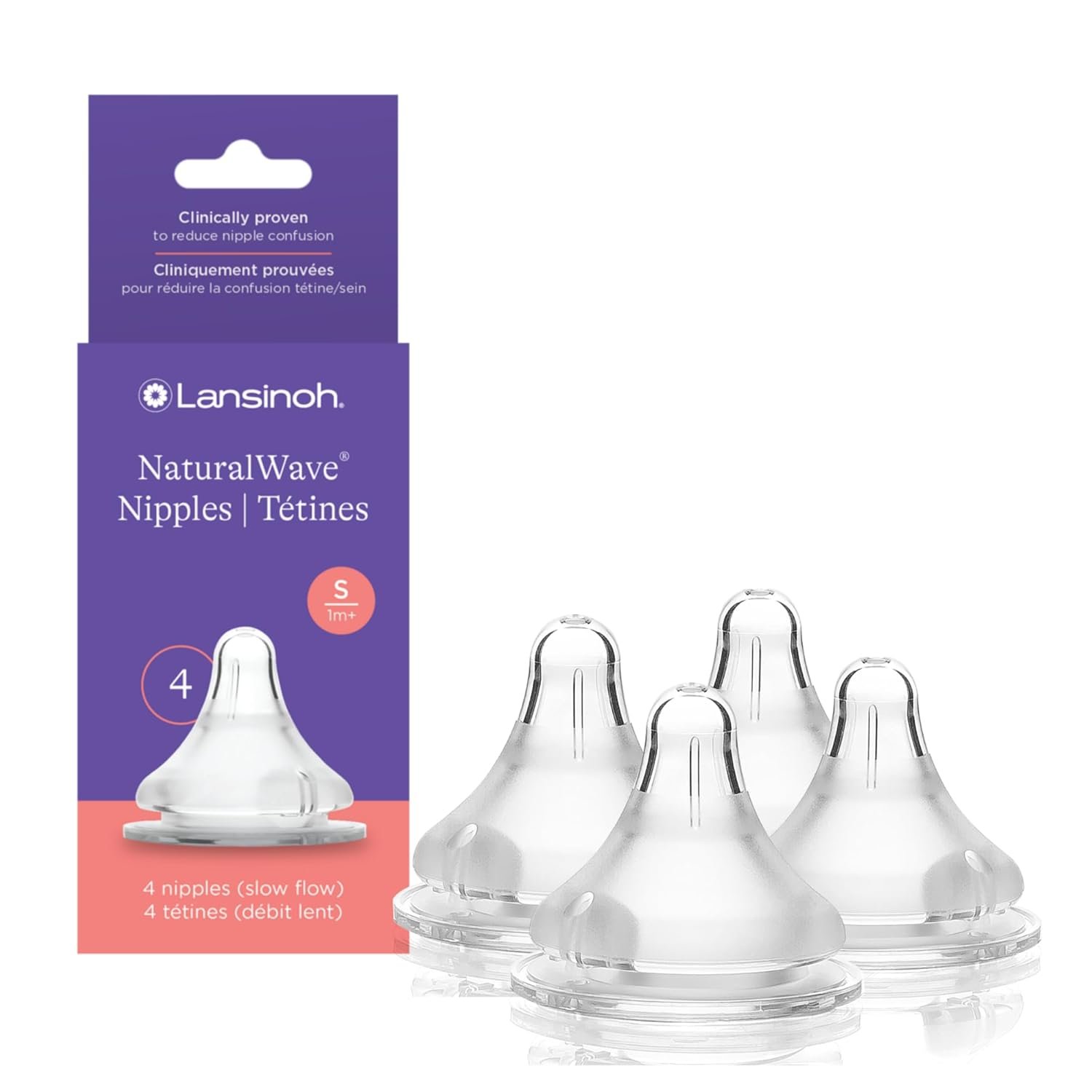 Lansinoh NaturalWave Baby Bottle Nipples, Slow Flow, Size S, 1+ Month, 4 Count 100% Soft, Durable Silicone, Made Without BPA BPS, Anti-Colic, Supports Baby’s Developing Mouth and Teeth