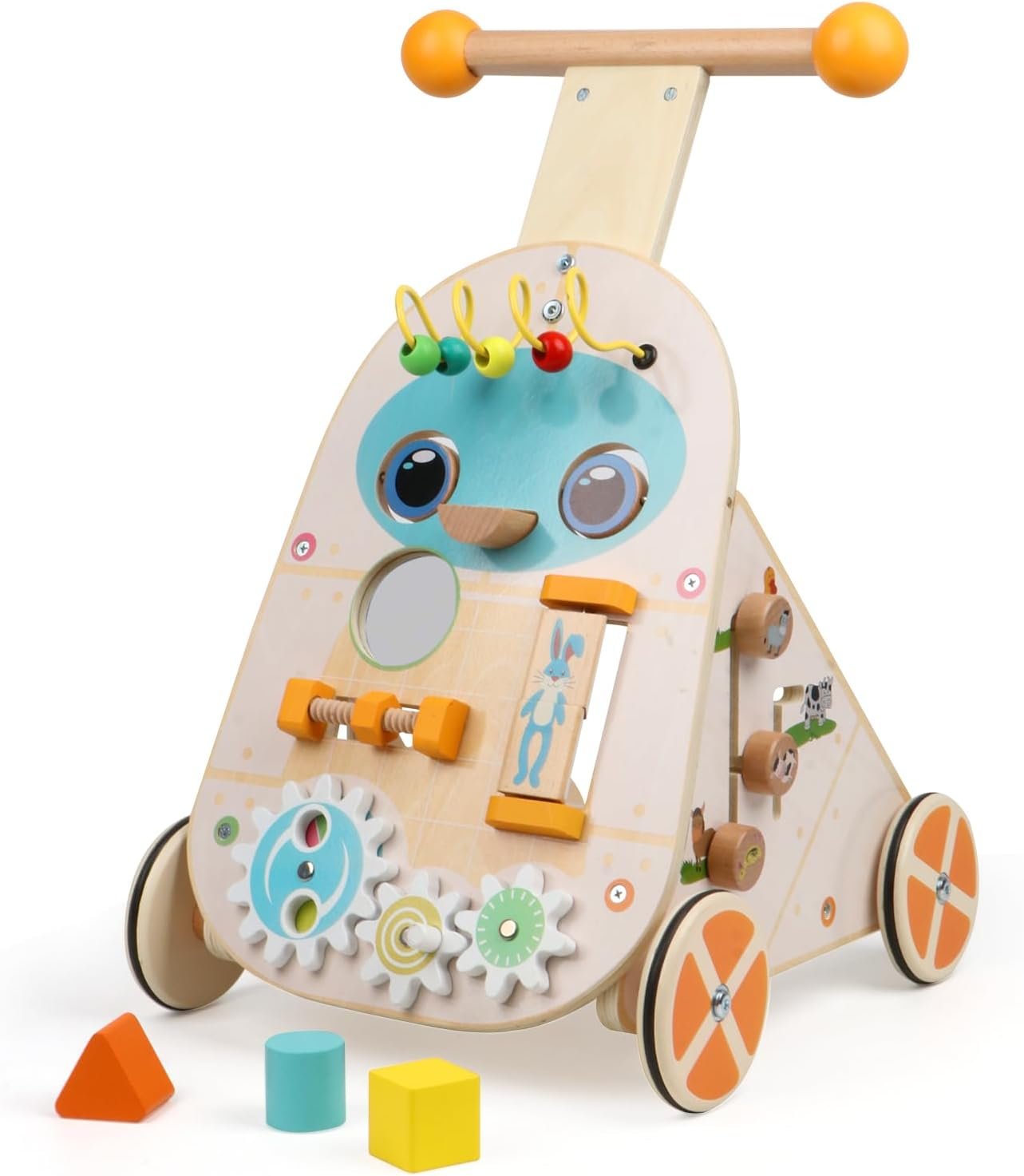 Wooden Baby Walker, Adjustable Speed Baby Push and Pull Learning Activity Walker, Wooden Push Walker Activity Center Toy with 7 Educational Activities, Learning & Walking Toy for Boys Girls