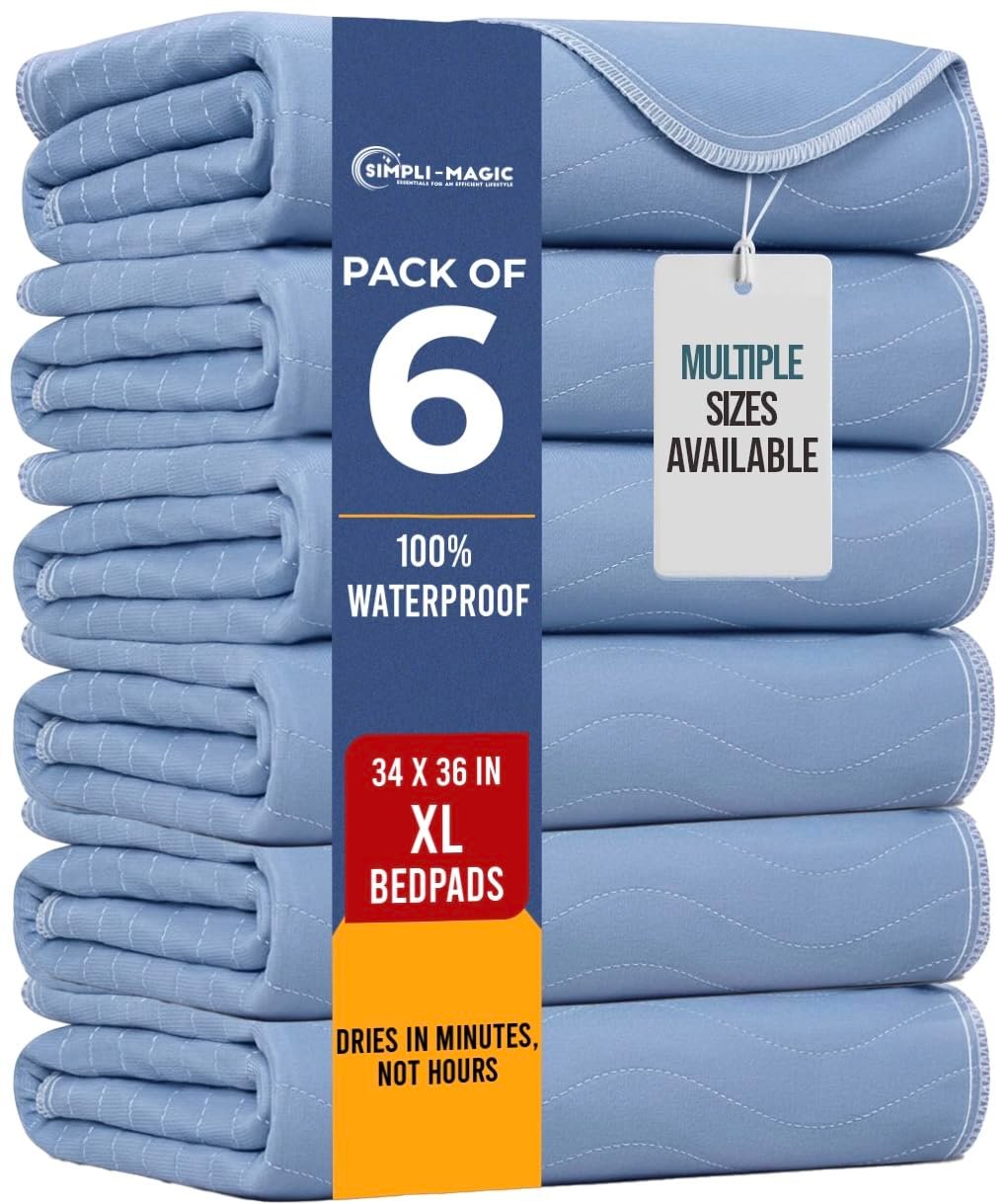 Simpli-Magic Washable Underpads, 34″x36″ (Pack of 6) Heavy Absorbency Reusable Bedwetting Incontinence Pads for Kids,Adults,Elderly,and Pets, Waterproof Protective Pad for Bed,Couch,Sofa,Floor