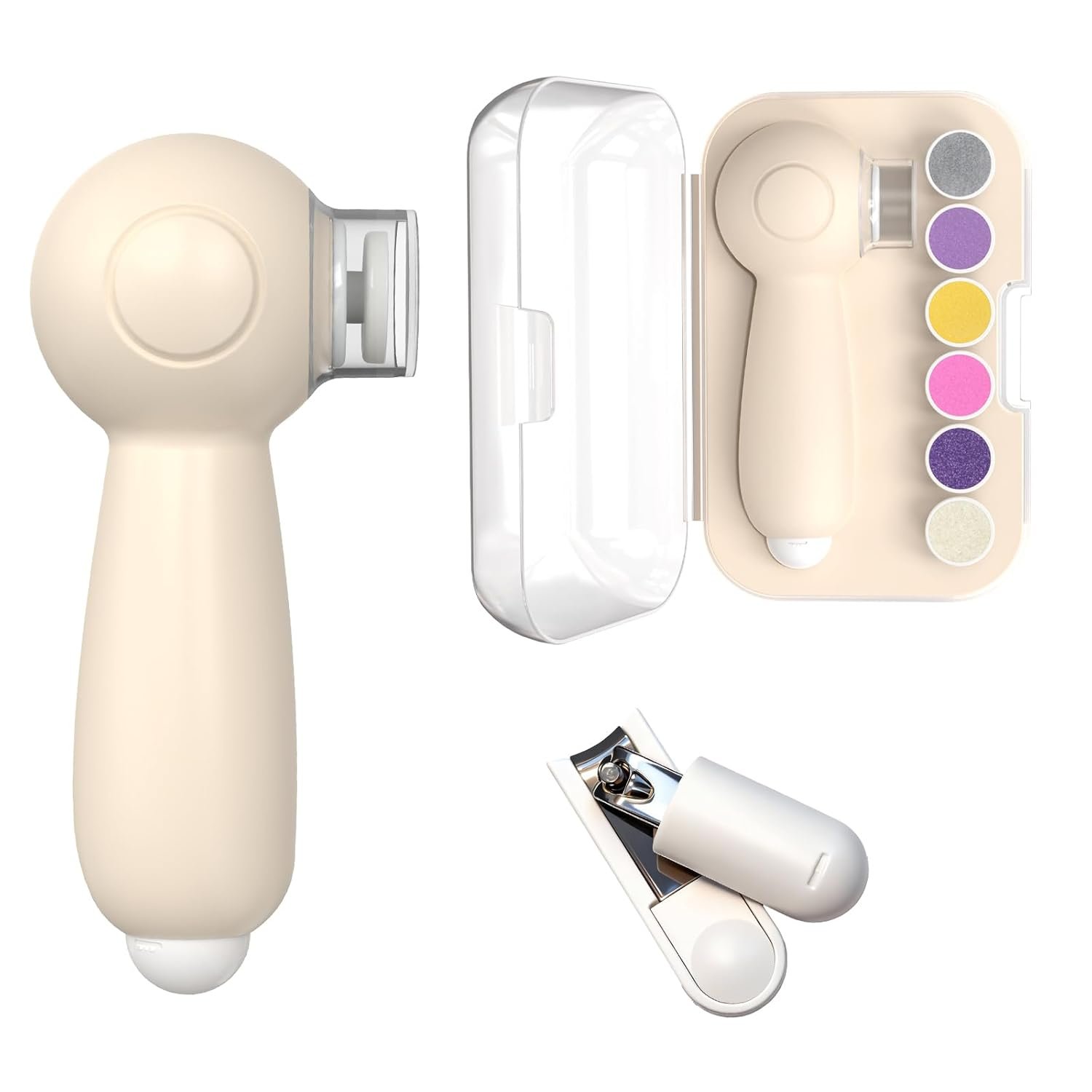 Baby and Adult 2-in-1 Electric Nail File – 6 Replaceable Grinding Pads, Hidden Nail Clipper, 360° Soft Light, USB Rechargeable, Portable Storage Box, Quiet Nail Trimmer for 0-36 Months Infants