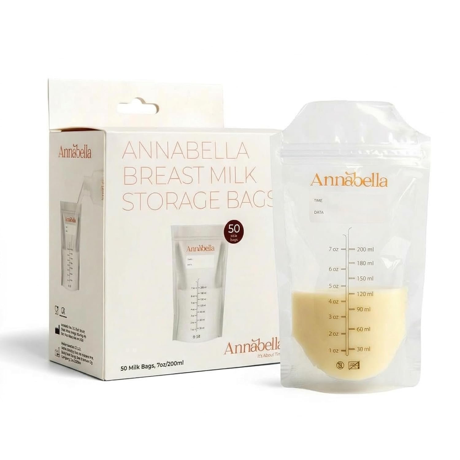 Annabella 50 Pcs BPA Free Breast Milk Storage Bags, 200 ml Milk Bags for Breastmilk Storage, Double-Seal Milk Storage Freezer Bags, Breastmilk Storage Bags, Breastfeeding Bags for Milk