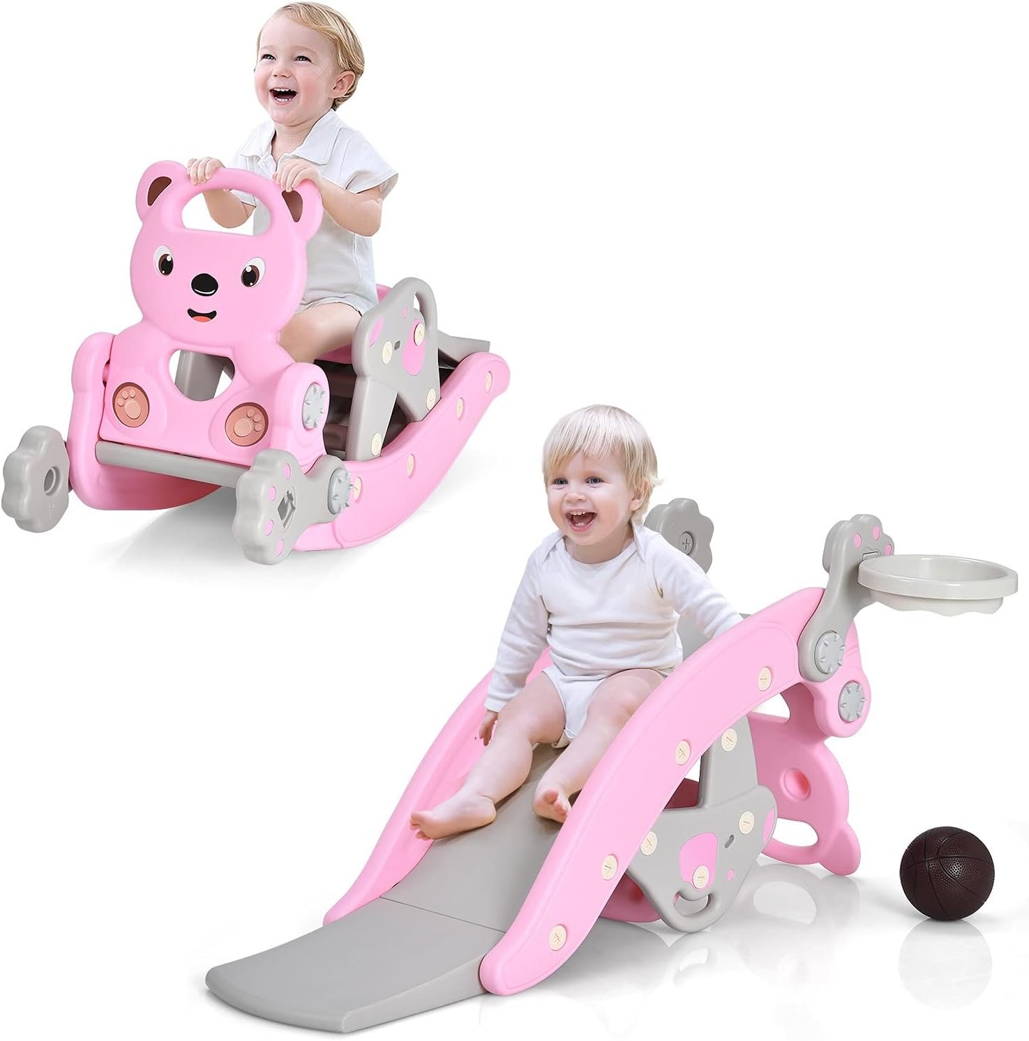 Costzon 5 in 1 Toddler Slide Rocking Toy, Slide for Kids with Detachable Stool, Basketball Hoop and Ring Game, Foldable Climber Playground Slide for Both Indoors Outdoor Use (Pink Bear)