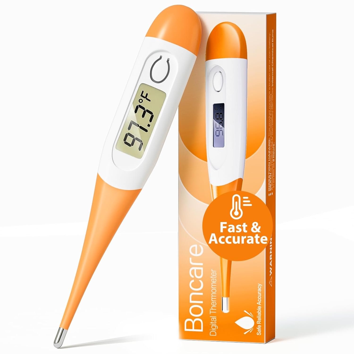 Boncare 10 Seconds Digital Thermometer for Adults and Kids – Accurate & Safe Rectal Thermometer for Baby with Fever Alarm, Oral Thermometer (Orange)