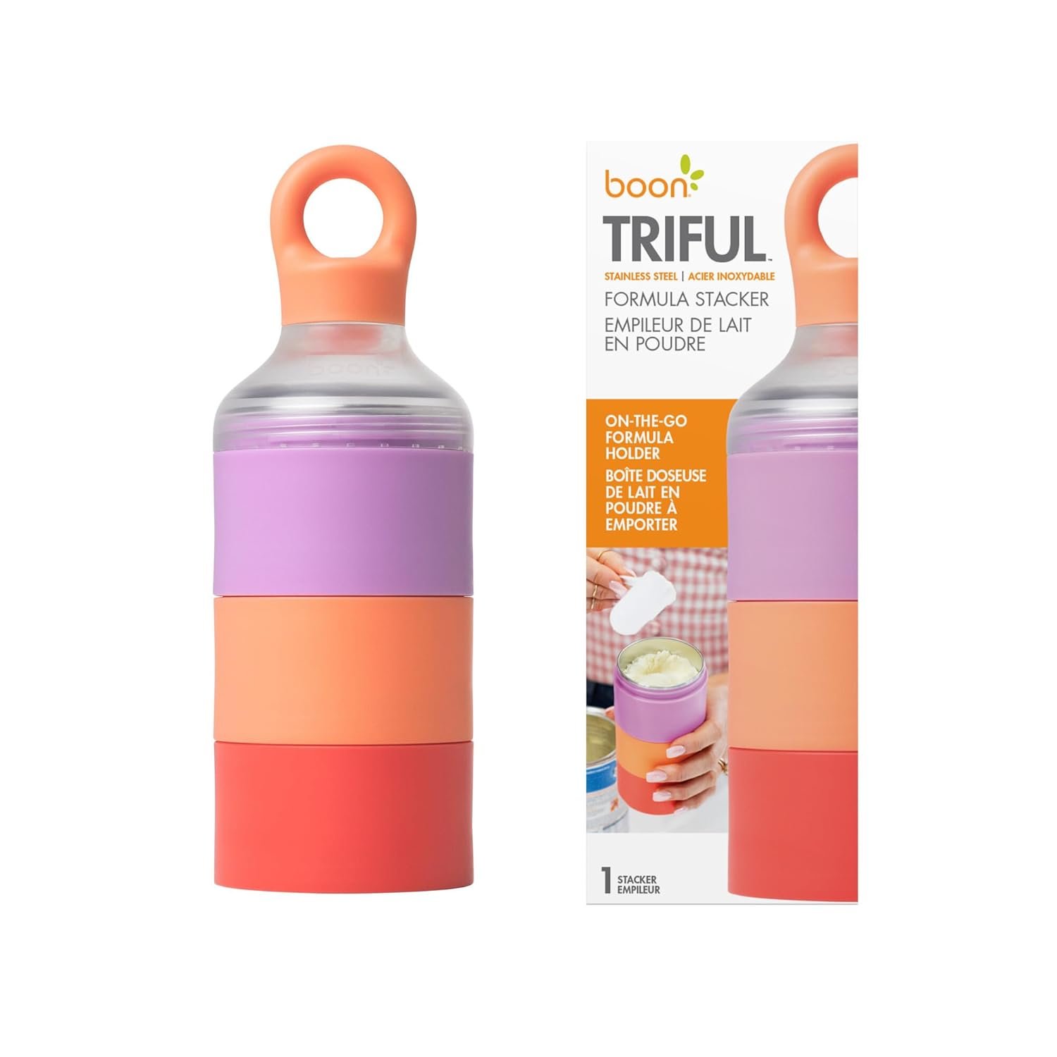 Boon Triful Baby Formula Dispenser On The Go – Insulated Stainless Steel Formula Containers with Stacking Design – Baby Bottle-Feeding Supplies for Travel – Pink